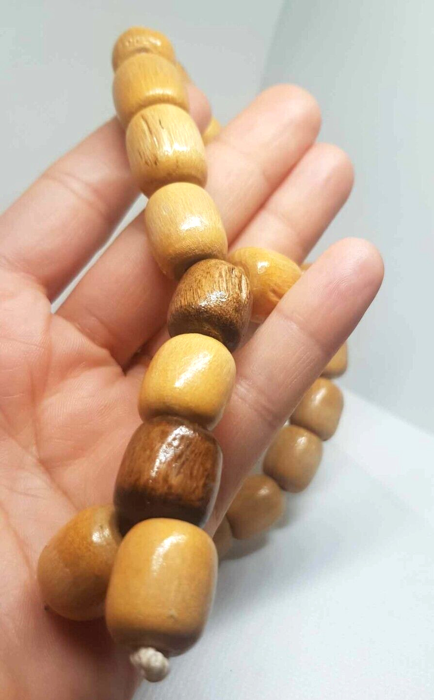 Antique Hand Made Carved Oak Wood Islamic Rosary prayer 49 beads. Pendant Medal