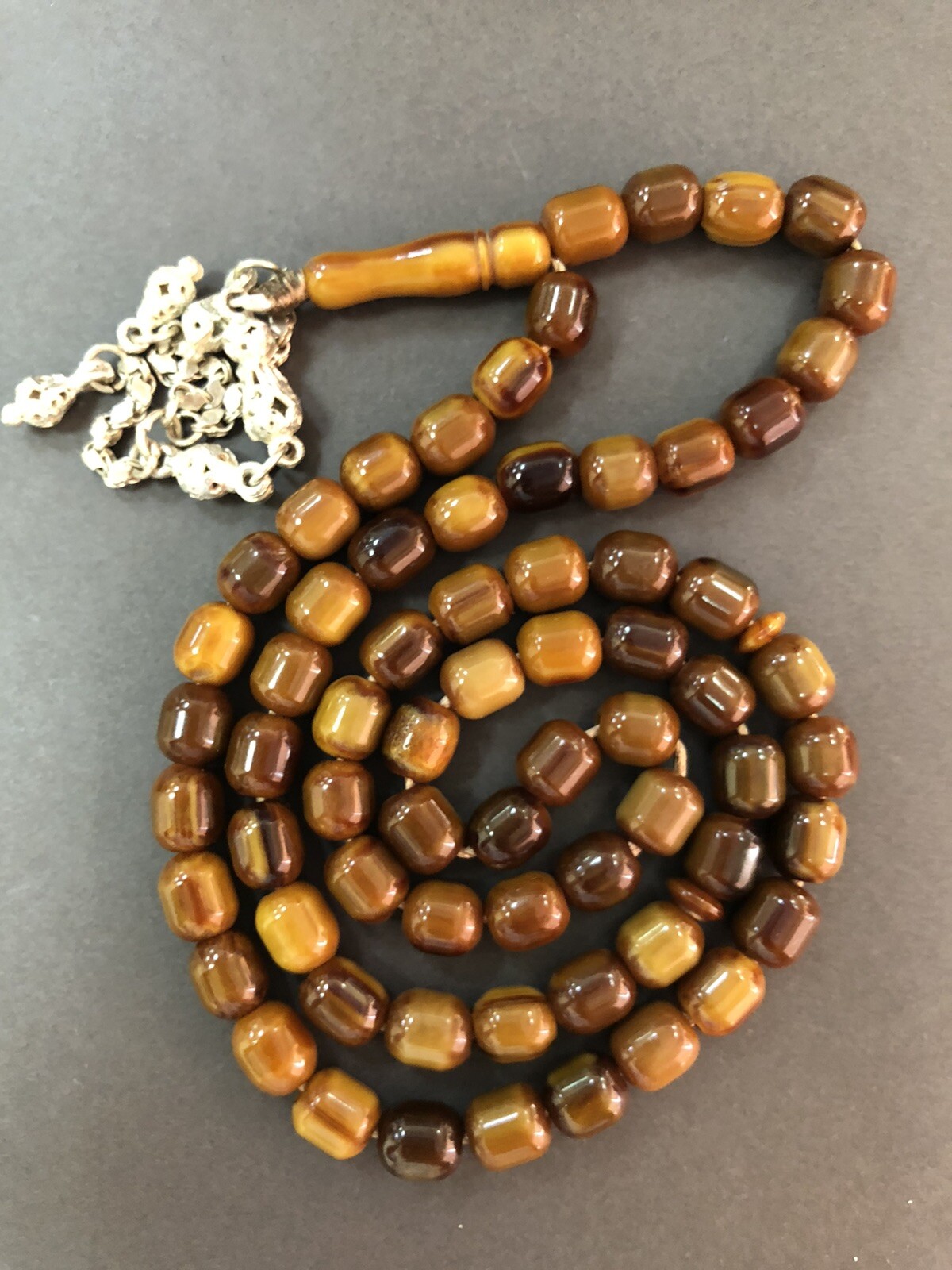Antique Old Brown Damari Amber bakelite islamic Worry prayer 67 beads 48 Grams