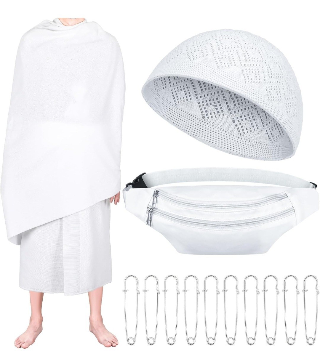 Ihram/ Ehram Men’s White Towel 2 PC Hajj/Umrah Set USA Seller 14CT KUFI BELT PIN