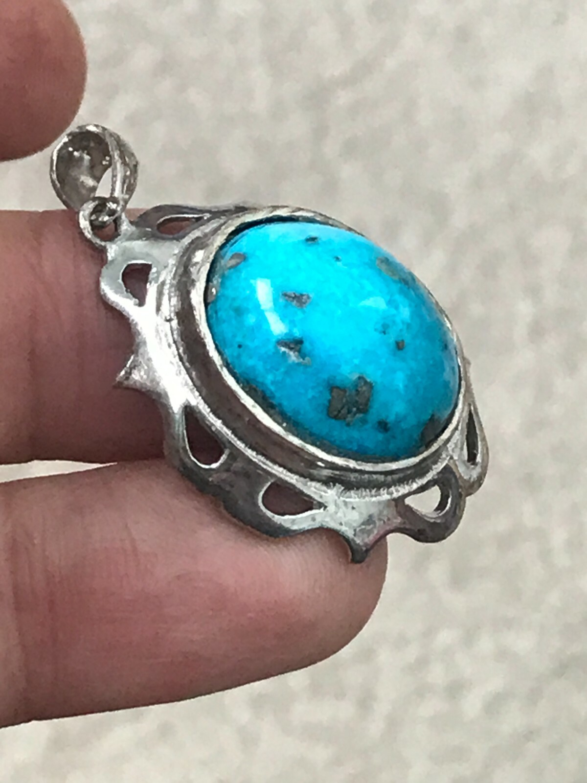GENUINE LARGE PERSIAN TURQUOISE 925 SILVER FRAME PENDANT الفيروز الفارسي