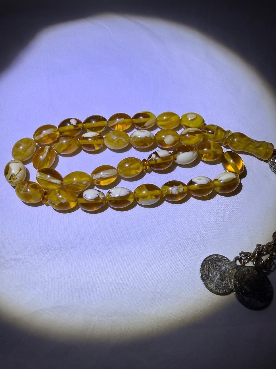 Vintage Islamic Butterscotch Amber Color Tasbih 33Beads Prayer 51g Ottoman Coins