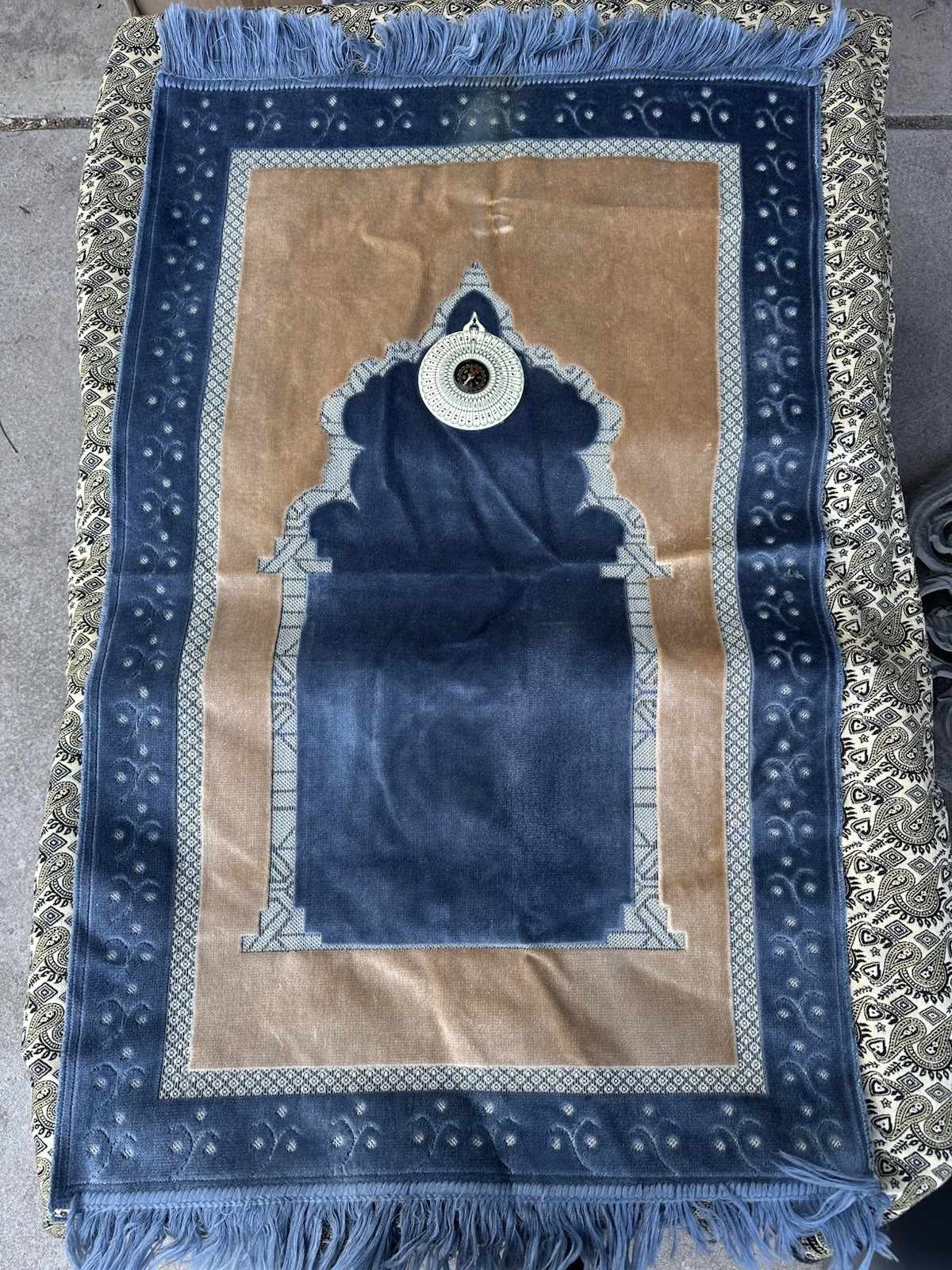 Vintage Islamic Turkish Decorative Blue Prayer Rug Mat W Fringe Trim Blue Velvet
