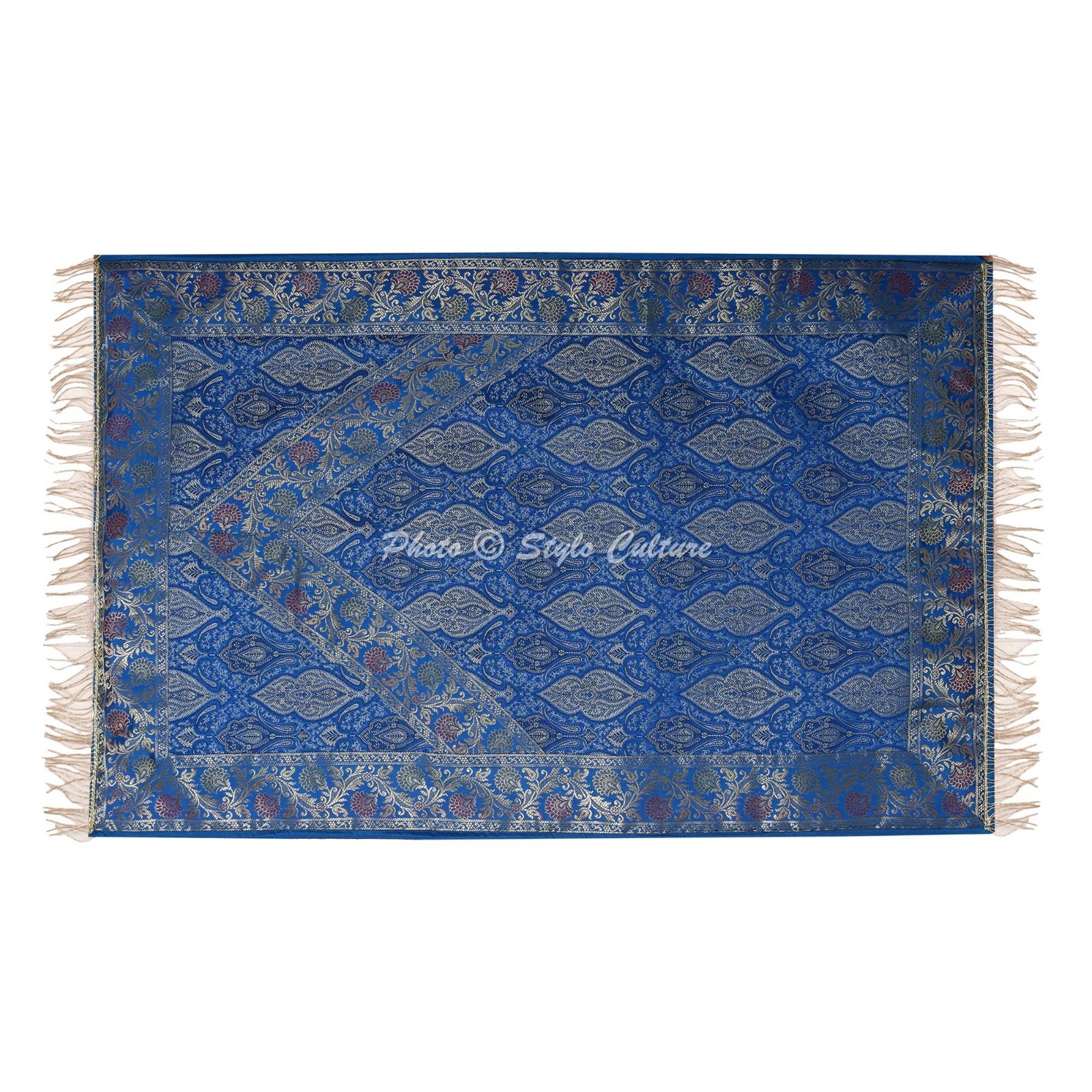 Prayer Mat Janamaz Islamic Blue Golden Lace Sajda Rug Eid Brocade Jacquard