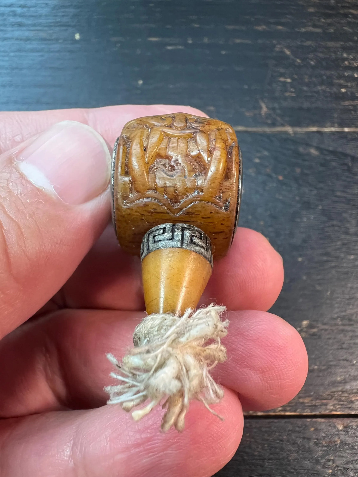 Hand-Carved Tibetan Yak Bone Guru Bead with Citipati Protector & (Om) Mantra –