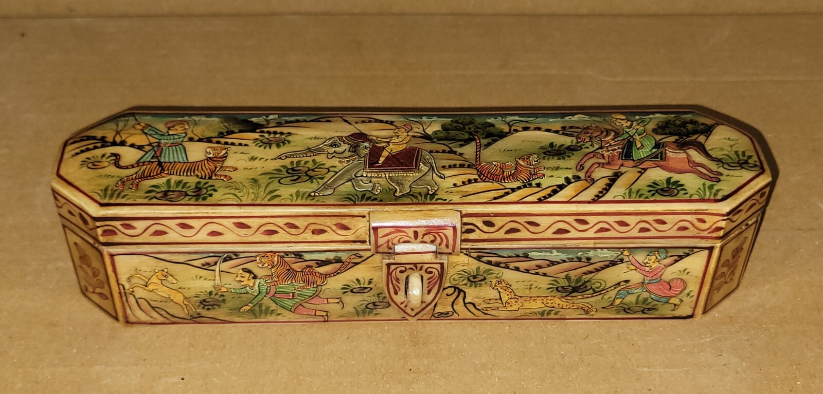 Vintage Solid Camel Bone Mughal Islamic King Hunting Hand Painted Pen Box