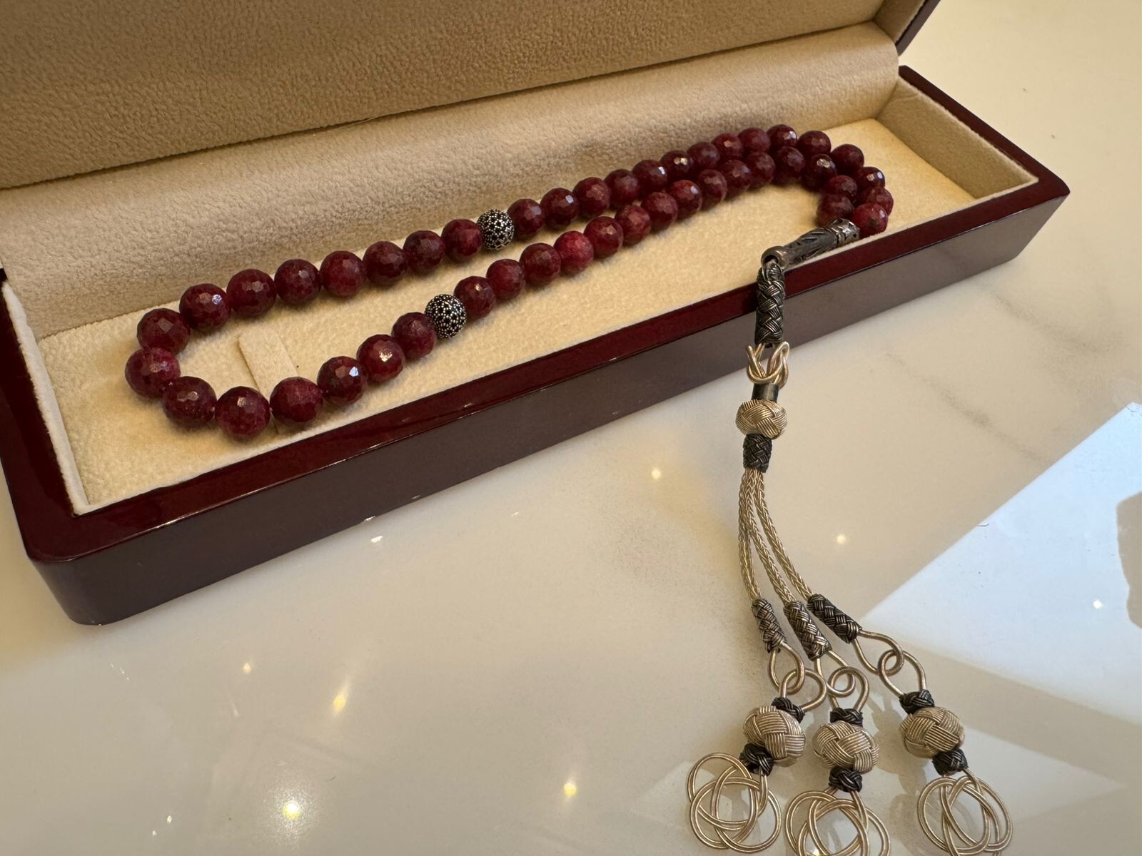 Red Ruby Round prayer bead Gemstone Loose Trabzon silver tassel 100 % guarantee