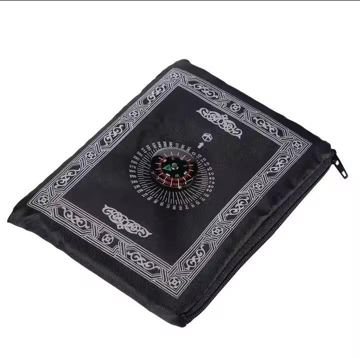 TRAVEL POCKET PRAYER MAT RUG JA NAMAZ WITH QIBLA KAABA COMPASS IN POUCH