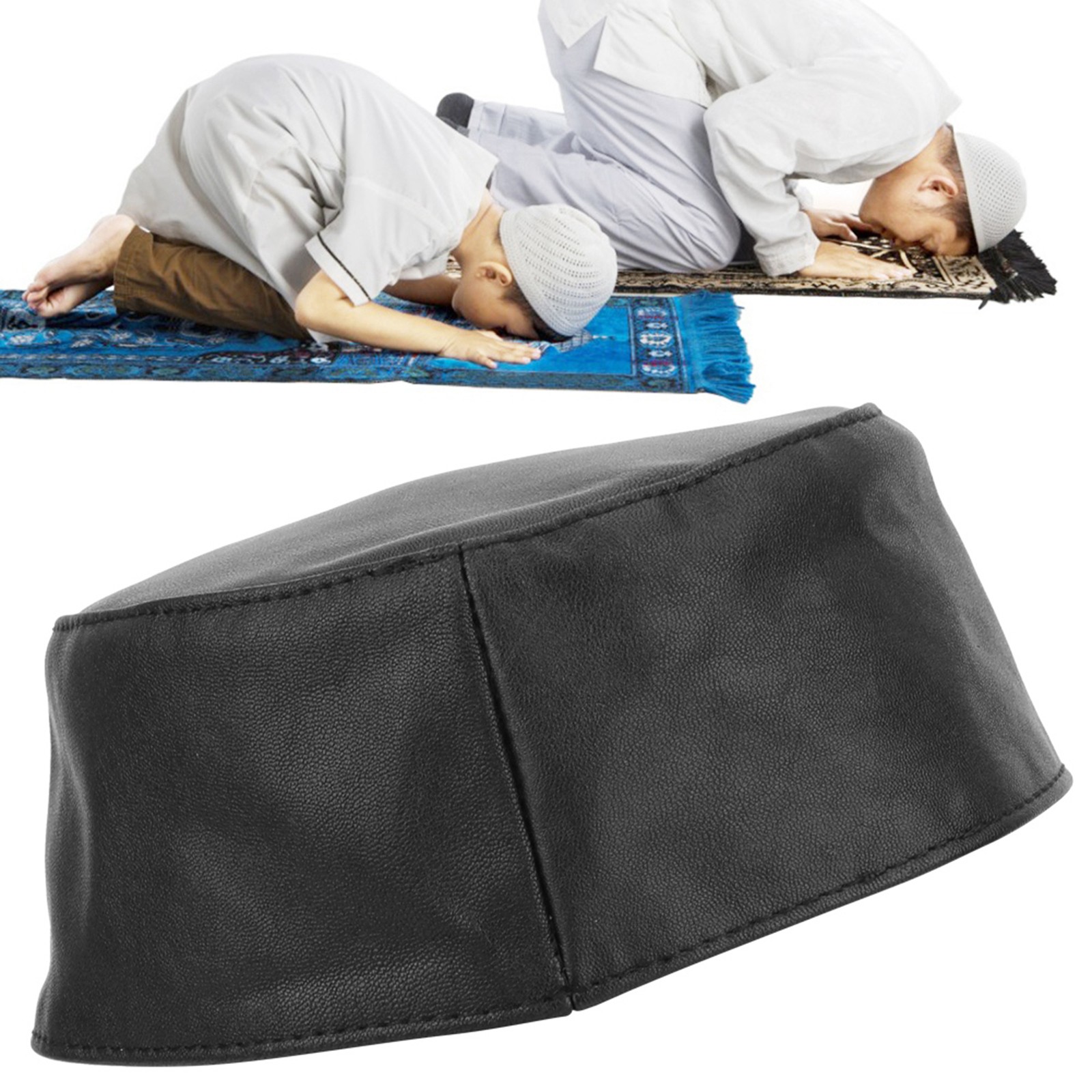 Black Goat Leather Muslim Prayer Hat Kufi Cap 57cm