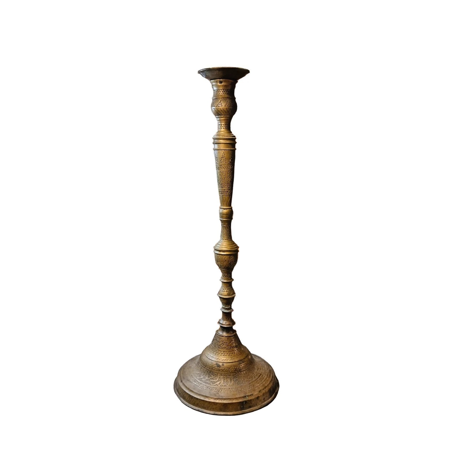 Antique Islamic Brass 24″ Tall Candlestick Arabic Calligraphy Mamluk Style Egypt