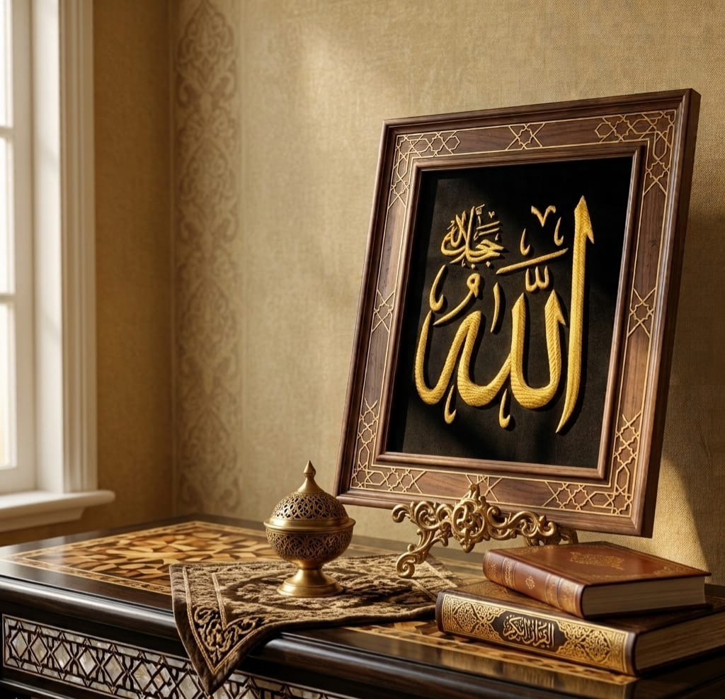 Premium Handmade Allah Wall Decor Copper Embroidered Arabic Calligraphy Art