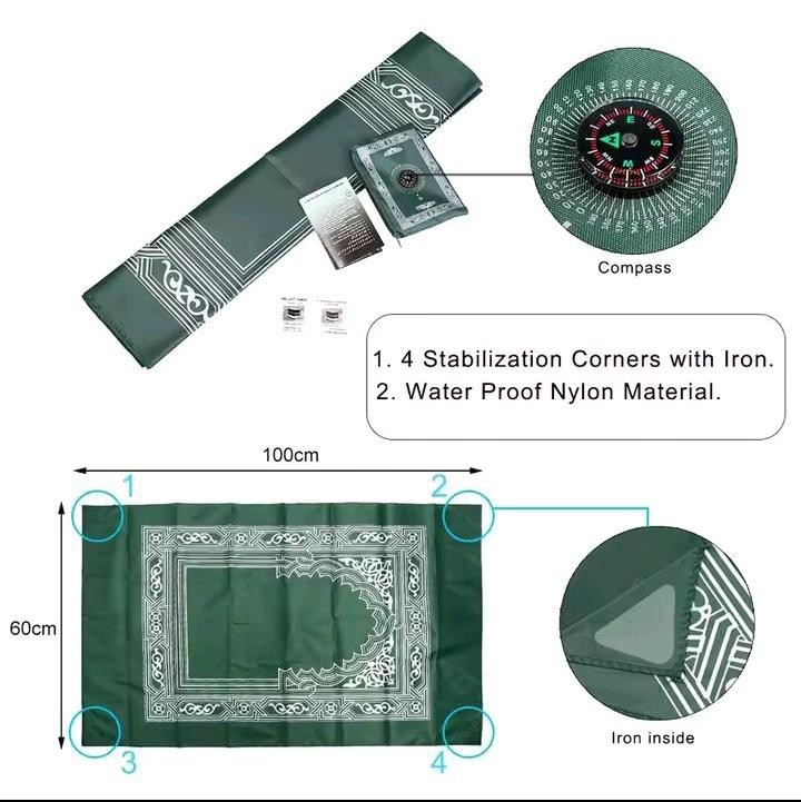 TRAVEL POCKET PRAYER MAT RUG JA NAMAZ WITH QIBLA KAABA COMPASS IN POUCH