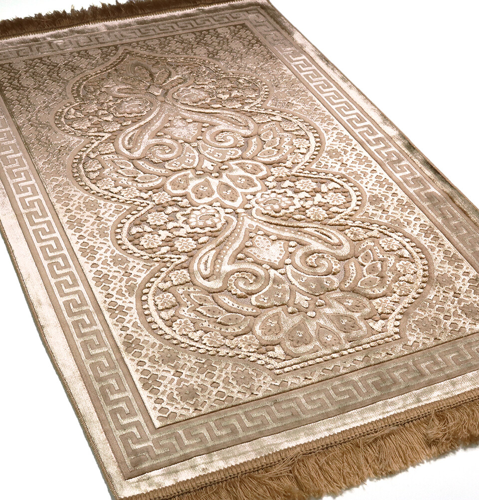 Modefa Luxury Velvet Islamic Prayer Rug Janamaz Sajjadah – Paisley Golden Beige