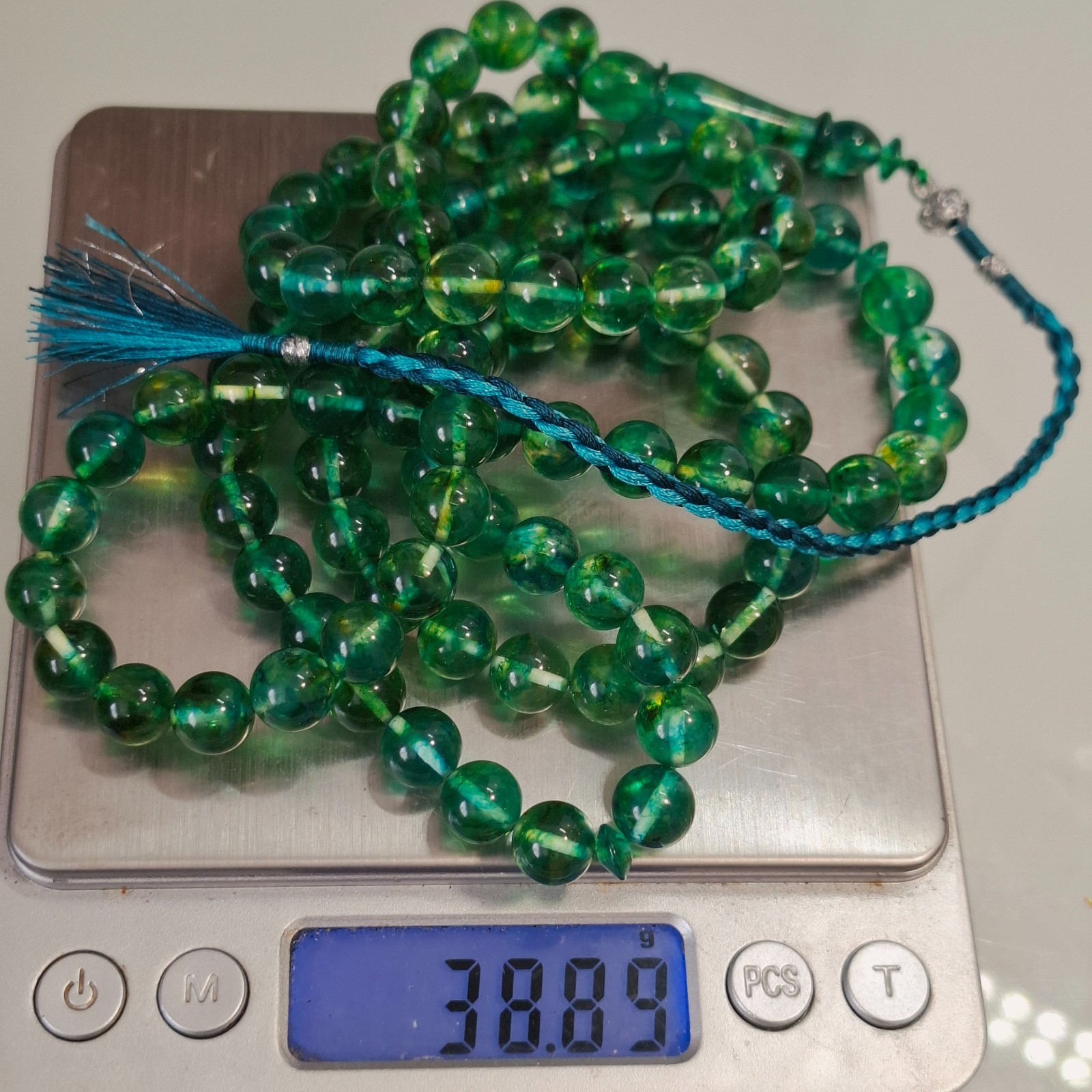 Amber Rosary – 99 sphere Beads, 8.7 mm, Green Amber Rosary 38gram Pressed amber