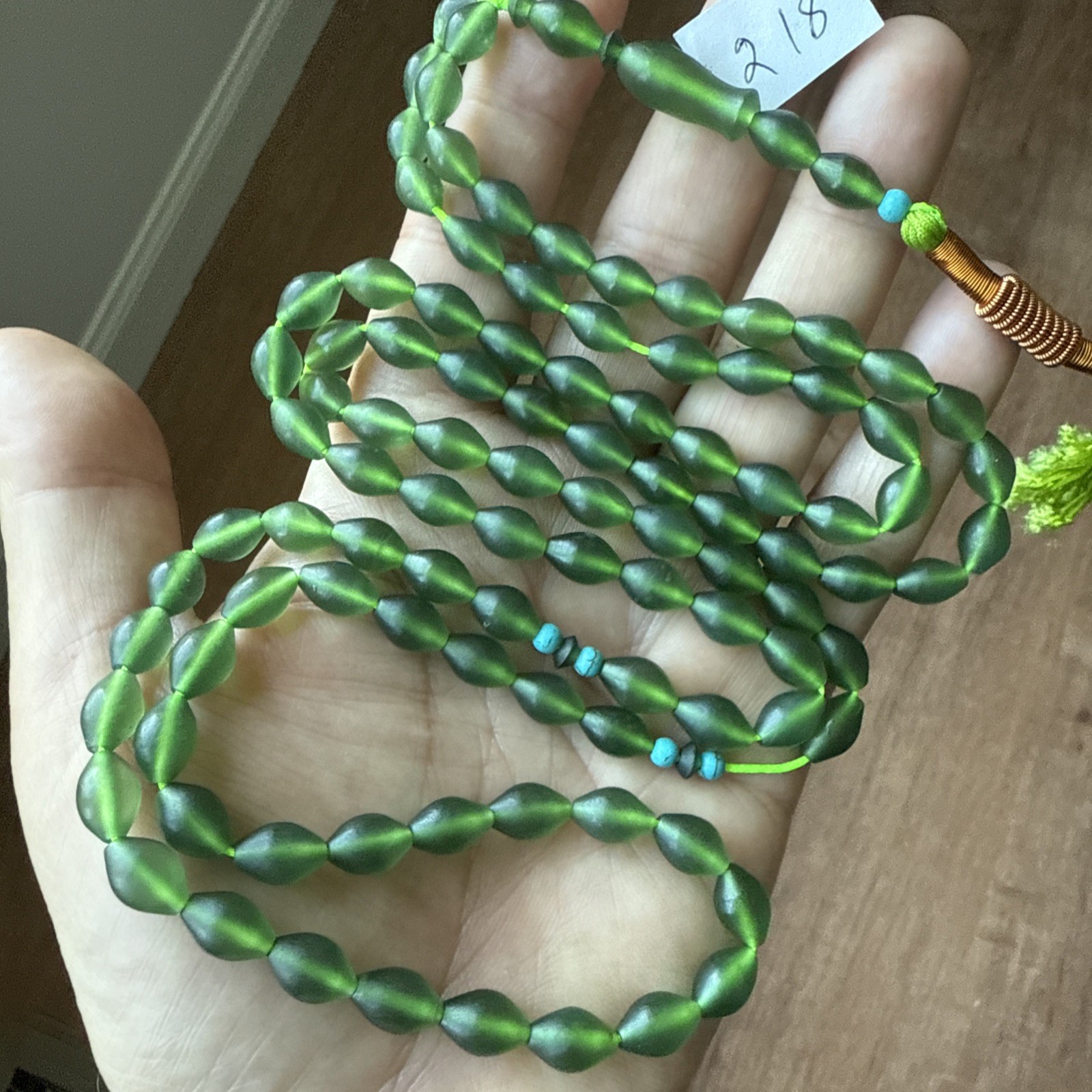 GREEN 99 BEADS حمسبحة خضراء GENUINE SHAH MAGHSOUD 61 cm شاه مقصود تسبيح