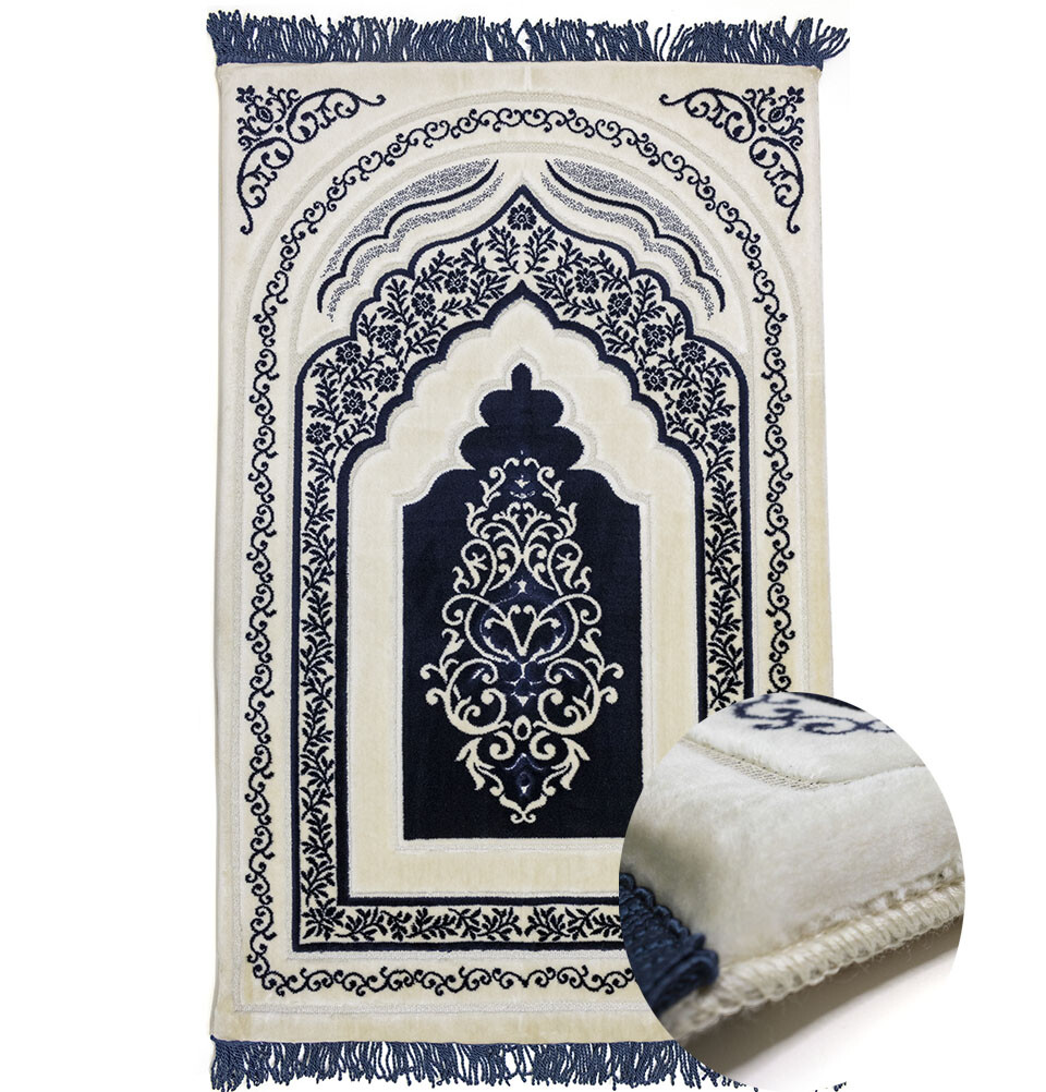 Modefa Turkish Velvet Prayer Rug – Luxury Orthopedic Padded Foam Cushion – Blue