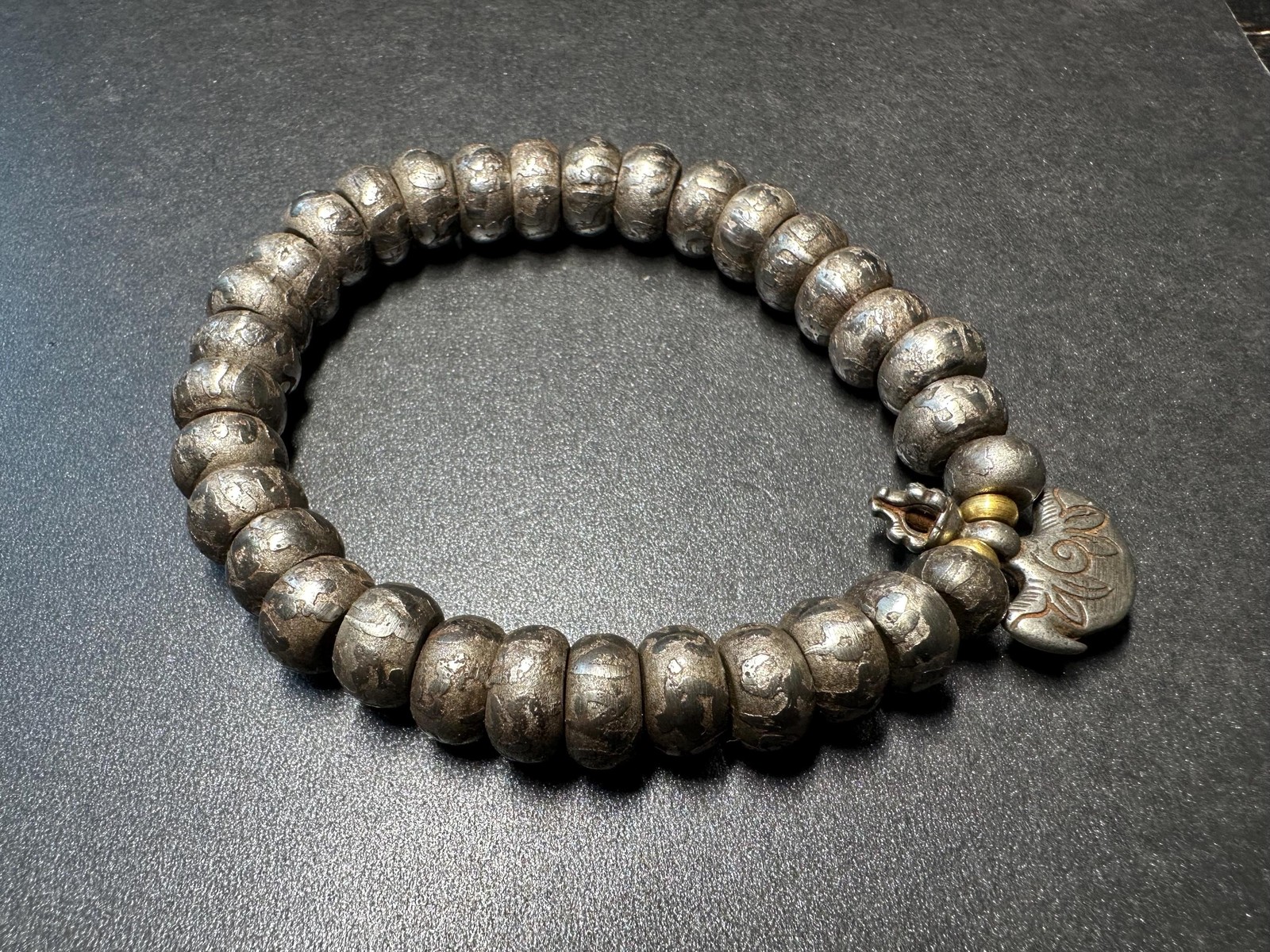 Tibetan Sky Iron Bracelet | 32 Bead Mala with Engraved "Om Mani Padme Hum”