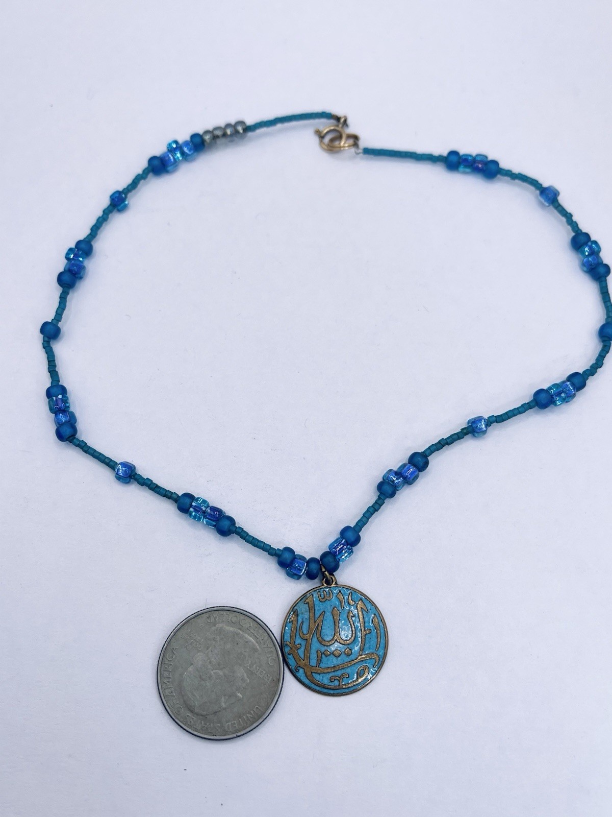 Handmade Arabic Calligraphy Enamel Pendant Necklace Blue Beads Gold Filled Clasp