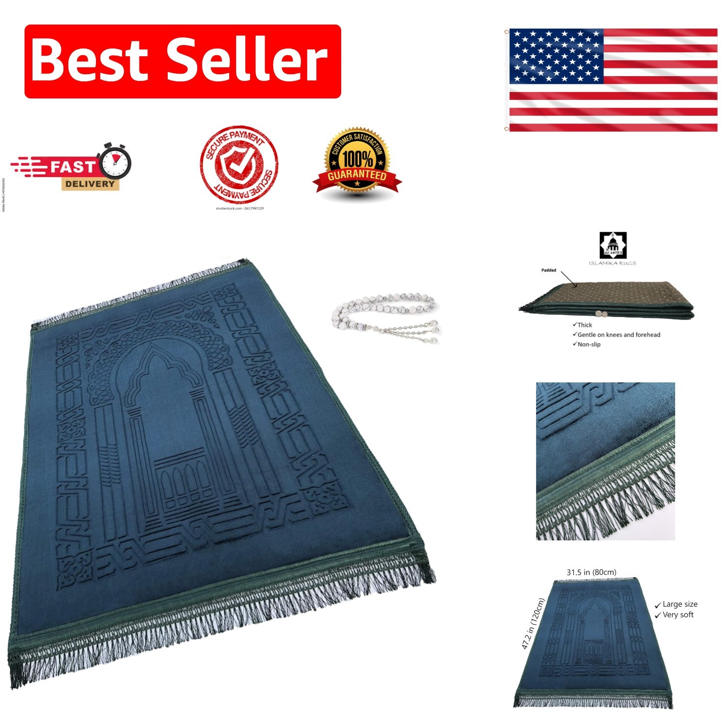 Elegant Solid Green Islamic Sajadah for Luxury Prayer Experience – 47″ x 31.5″