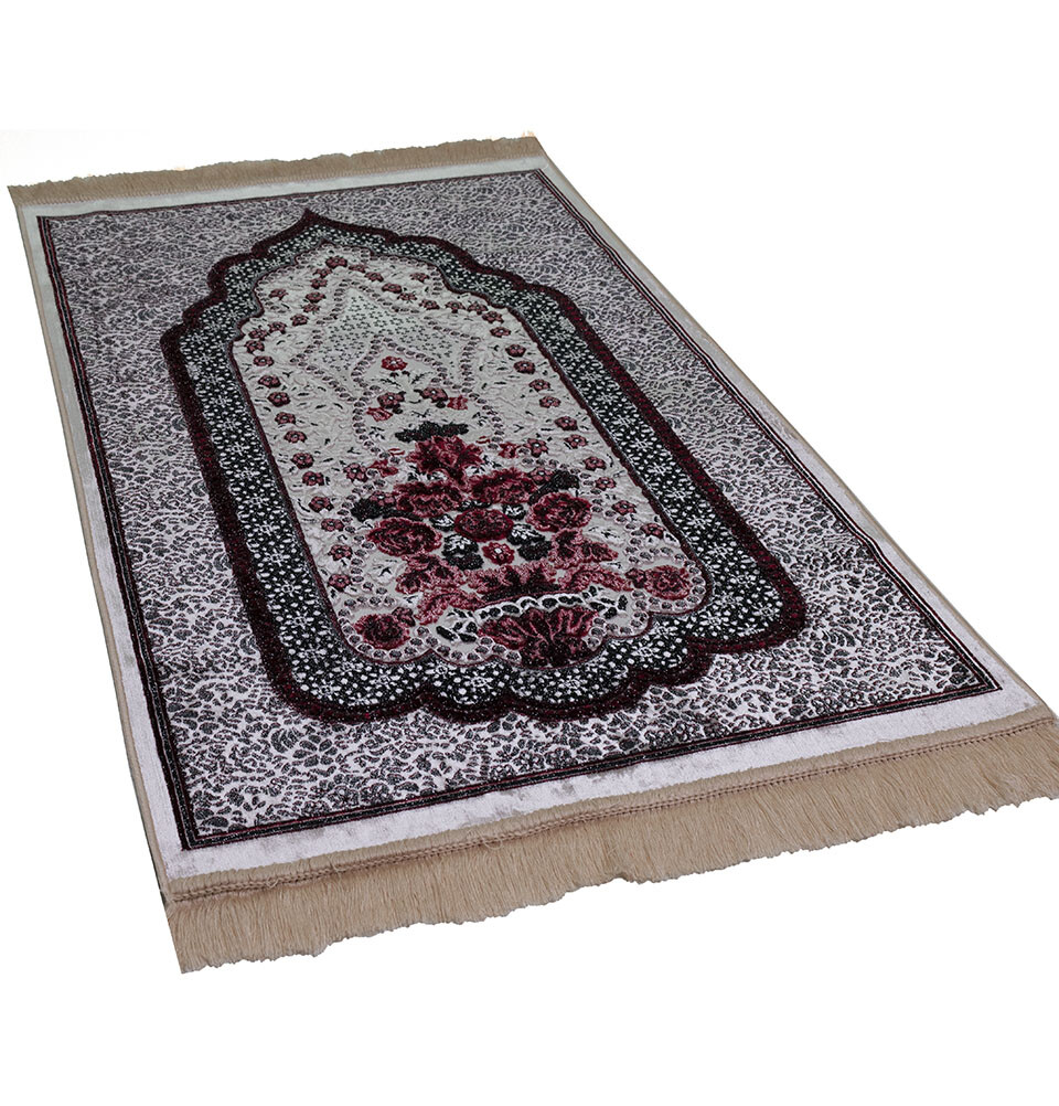 Modefa Luxury Velvet Islamic Prayer Rug | Winter Rose – Jet Black & Blush Pink