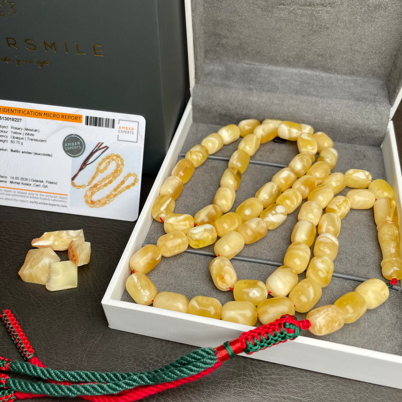 Royal White Amber Misbaha Tasbih 55 Beads 10x14mm 60.7g Lab certificate