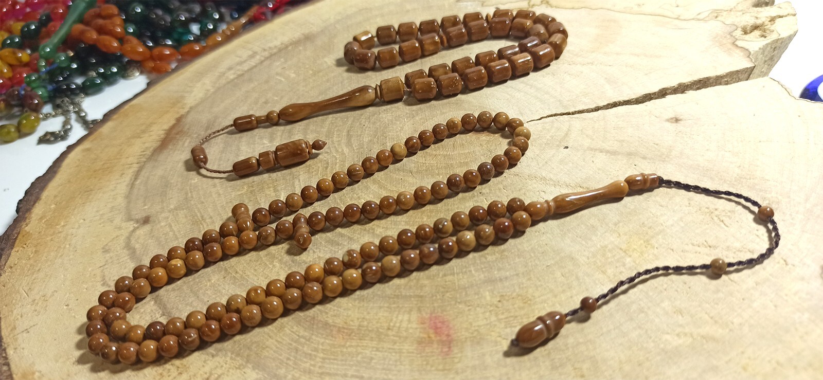 ISLAMIC PRAYER BEADS, NATURAL COCO KUKA WOOD 2 TASBIH SET, MISBAHA KUKA 99 VE 33