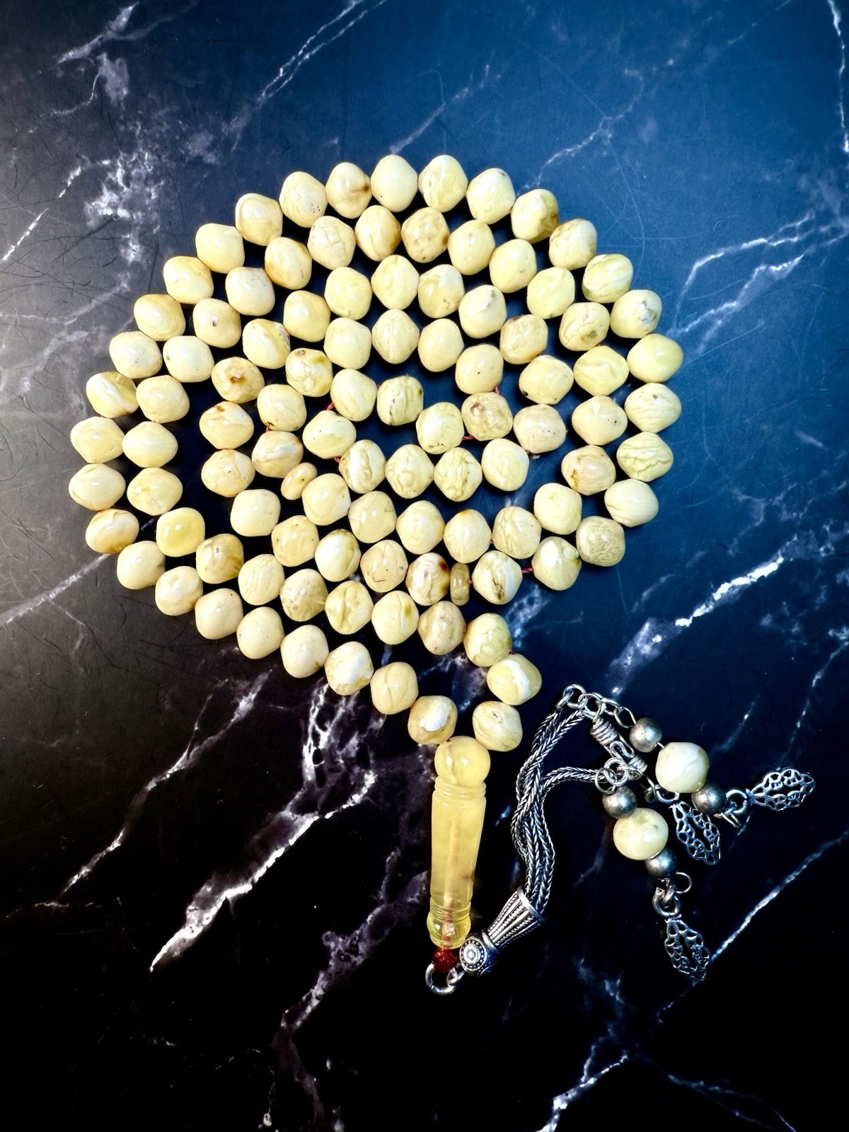 Antique Egg Yolk baltic amber Necklace Prayer شحريIslamic 99 beads -34g G R17