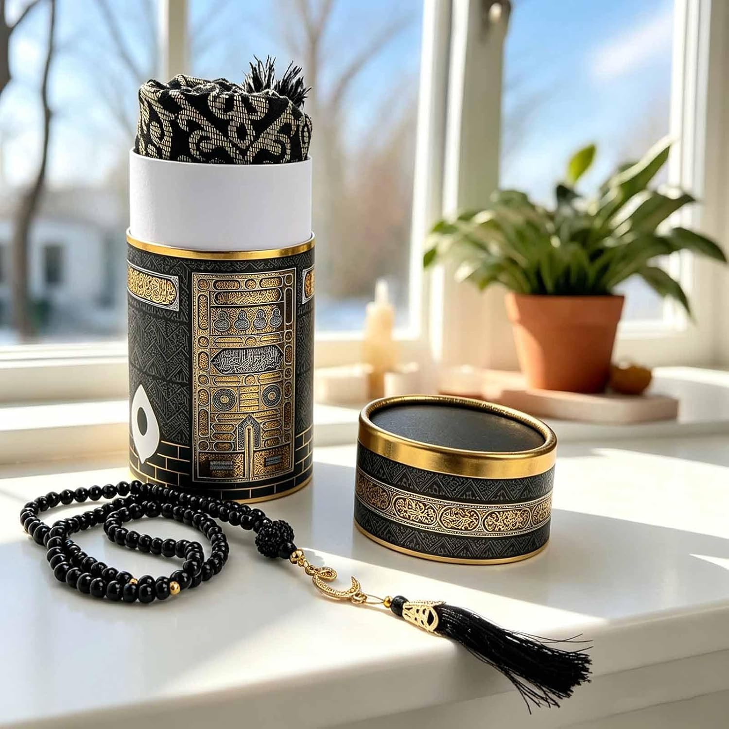 Muslim Prayer Rug and Prayer Beads with Gift Box, Soft Islamic Prayer Mat, Islam