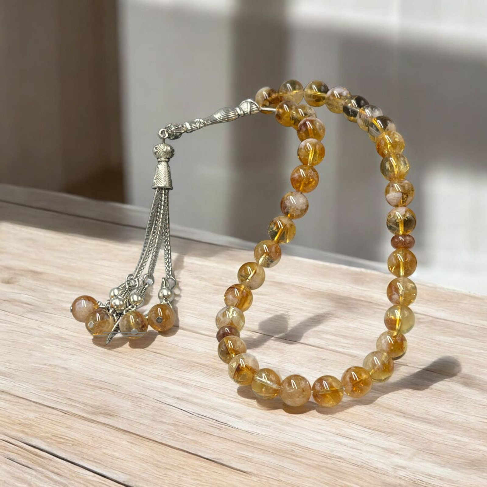Natural Citrine Tasbih Prayer Beads Islamic Misbaha Rosary 33 Beads Gemstone Han
