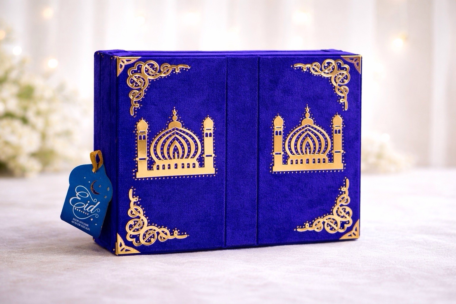 Eid Mubarak Velvet Quran Book Holder Storage Box Blue Gold Islamic Gift NEW