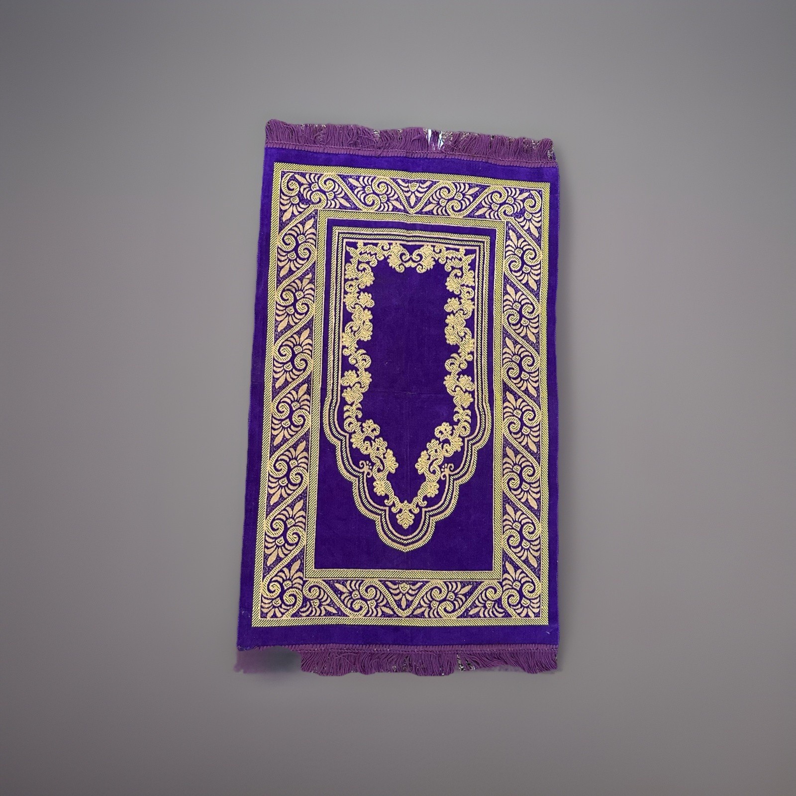 Turkish Prayer Rug Purple Gold Floral Eslem Kadife 40×26” Wall Hanging Rug