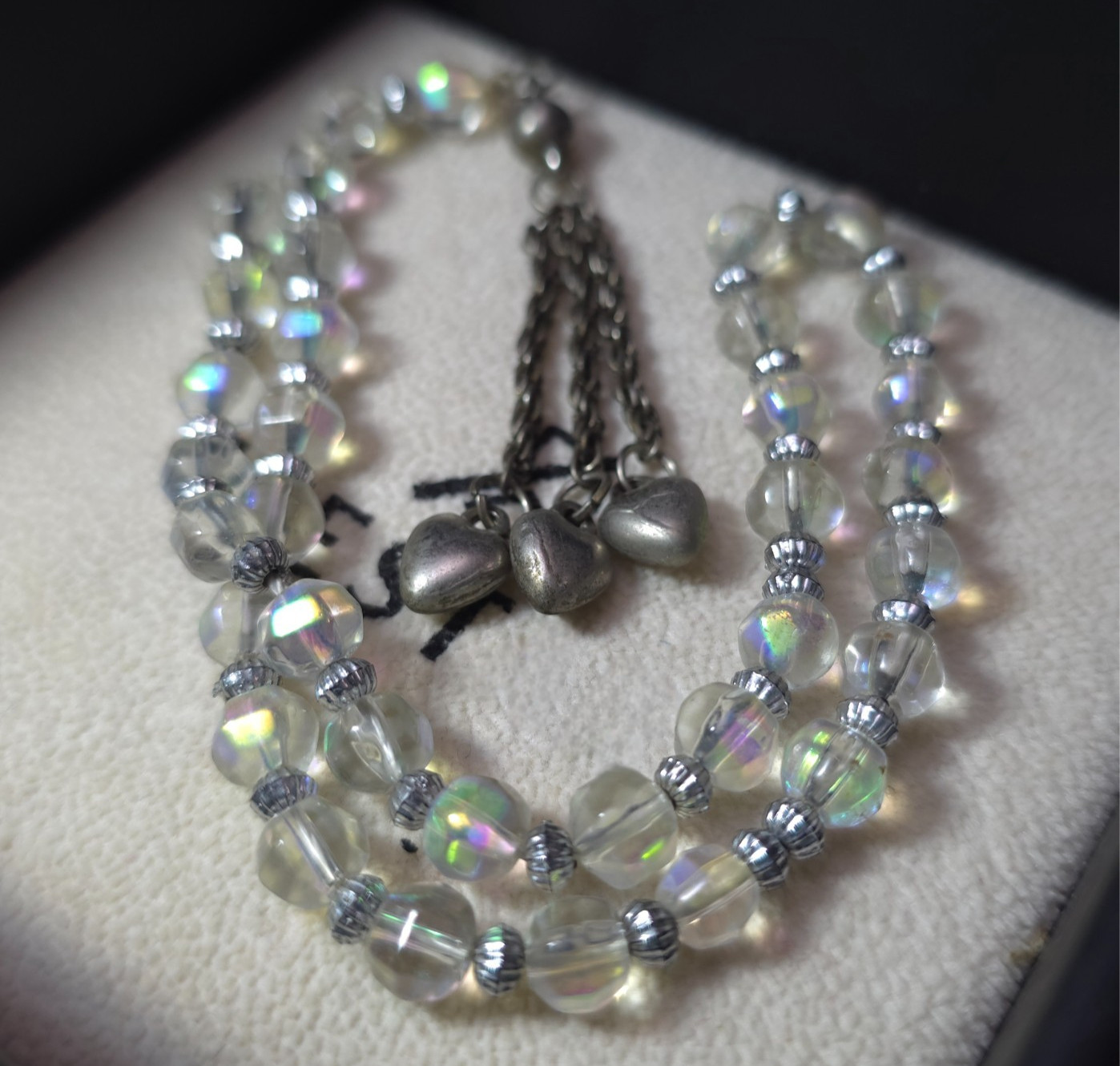 Vintage Clear Aurora Borealis Crystal Prayer Beads Tasbih Heart Charms Misbaha