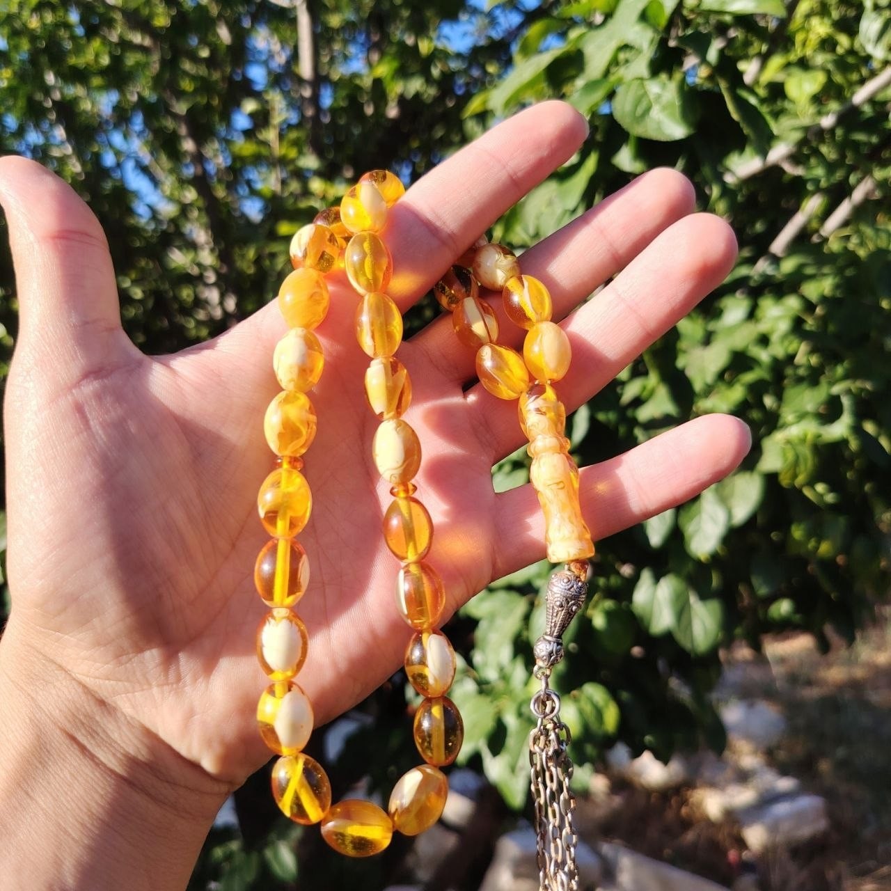 Vintage Islamic Butterscotch Amber Color Tasbih 33Beads Prayer 51g Ottoman Coins