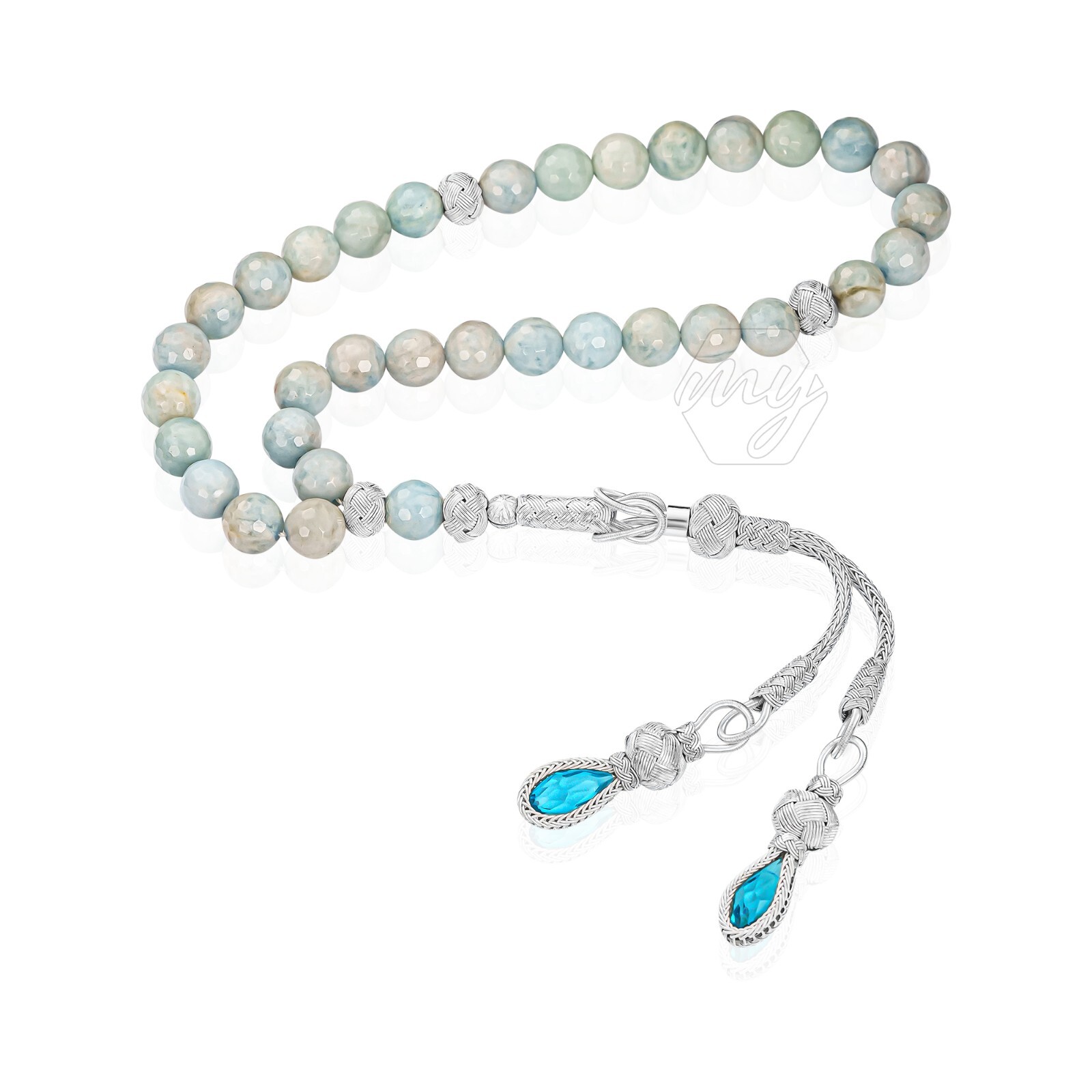 1000 Ct Silver Turkish Kazaz Aquamarine Stone Islamic 33 Prayer Beads Tasbeeh