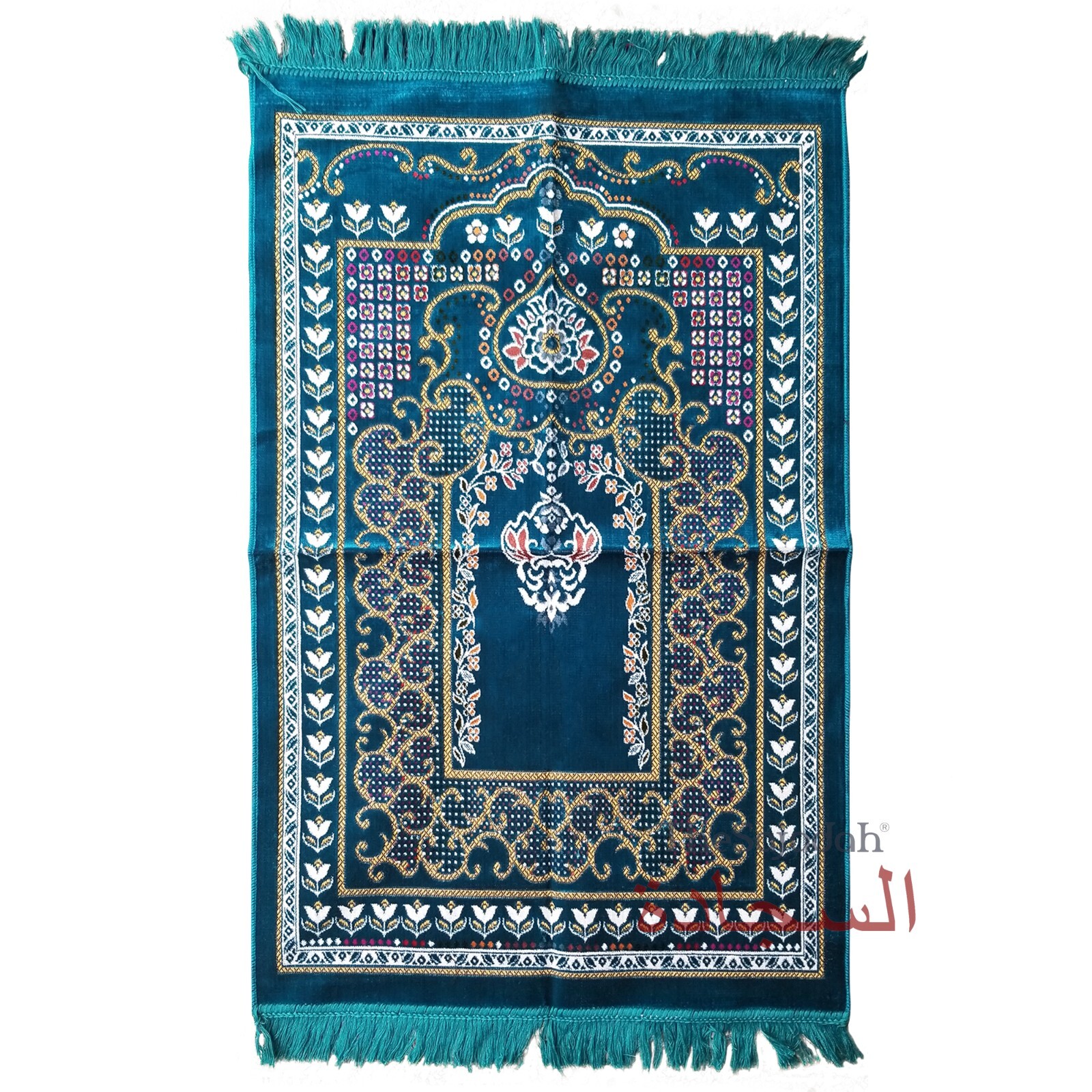 MUSLIM PRAYER RUG Dark Teal Blue Mihrab Persian Flower 28×43.3-inch (70×110cm)