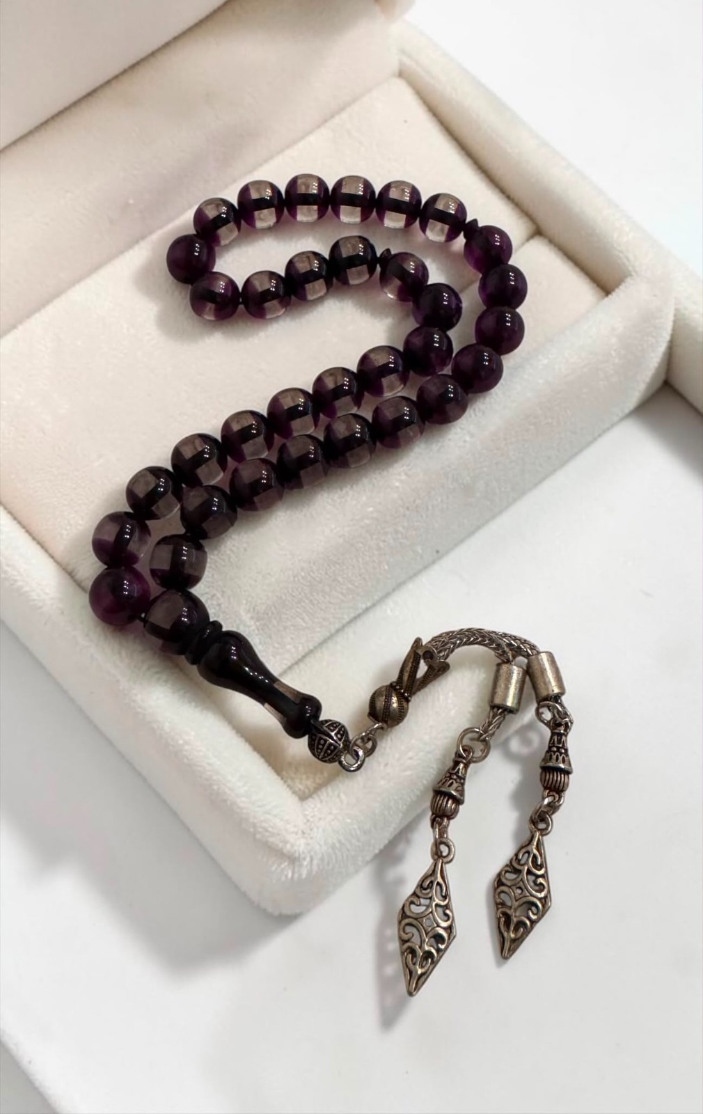 Rare Banded Ringed Purple Amethyst Fire Bakelite Prayer Beads Misbaha Tasbih Rou
