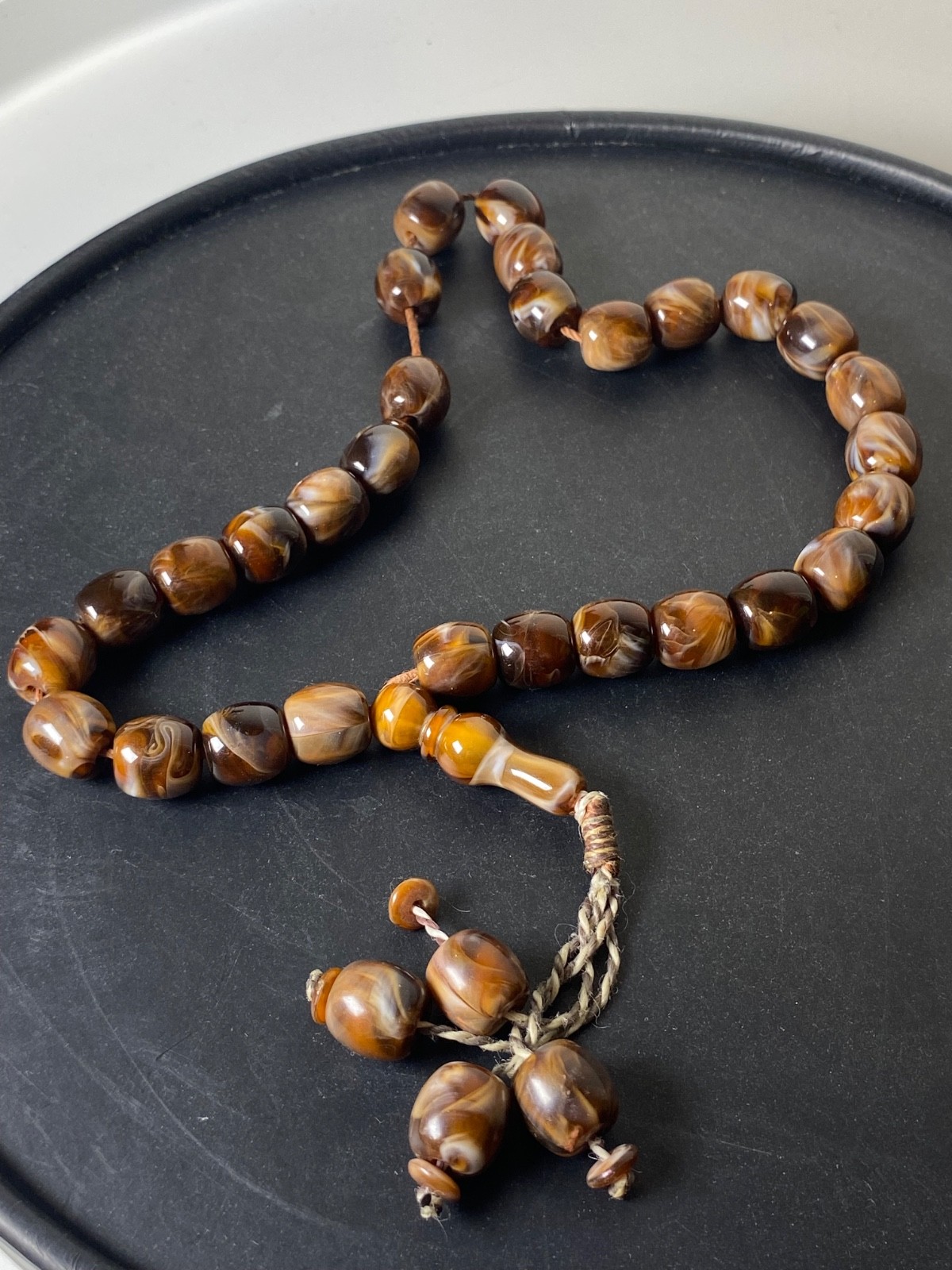 German Fiber Rosary 33 Prayer Beads Misbaha Tasbih Sandalos Marbled Brown Amber