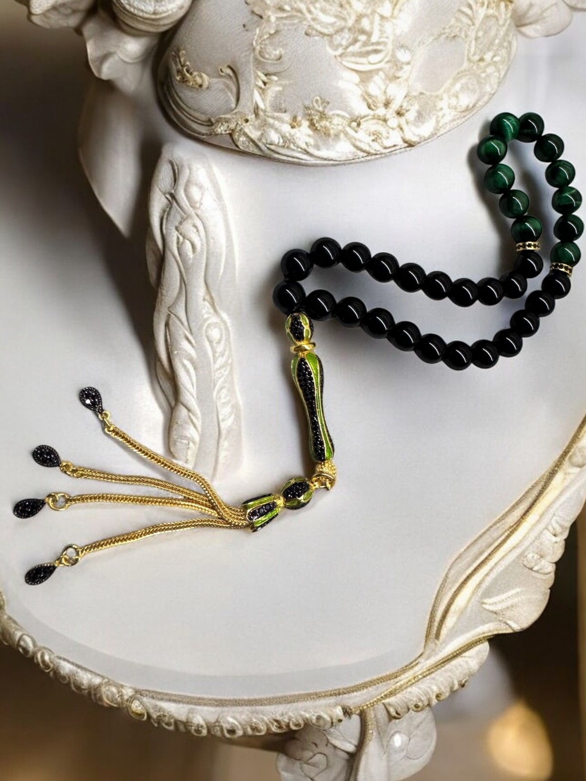 Green Tiger Eye and Onyx tasbeeh 925 carat silver