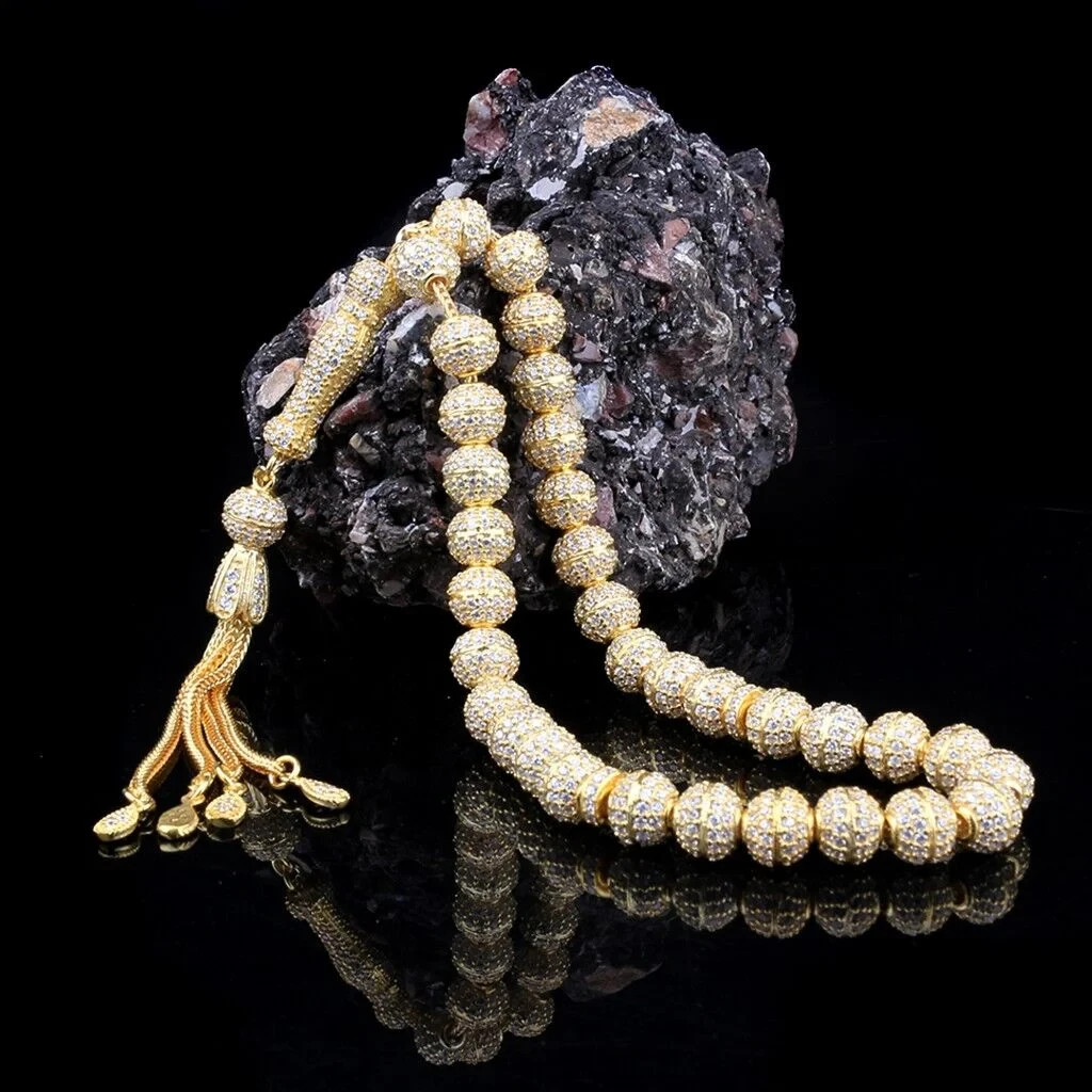 8MM 925 Sterling Silver Gold Plated 33 Islamic Prayer Beads Rosary Zircon Stone