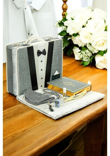 Quran Set Suitable for Groom’s Bundle Dowry Prayer Rug Set Gray.