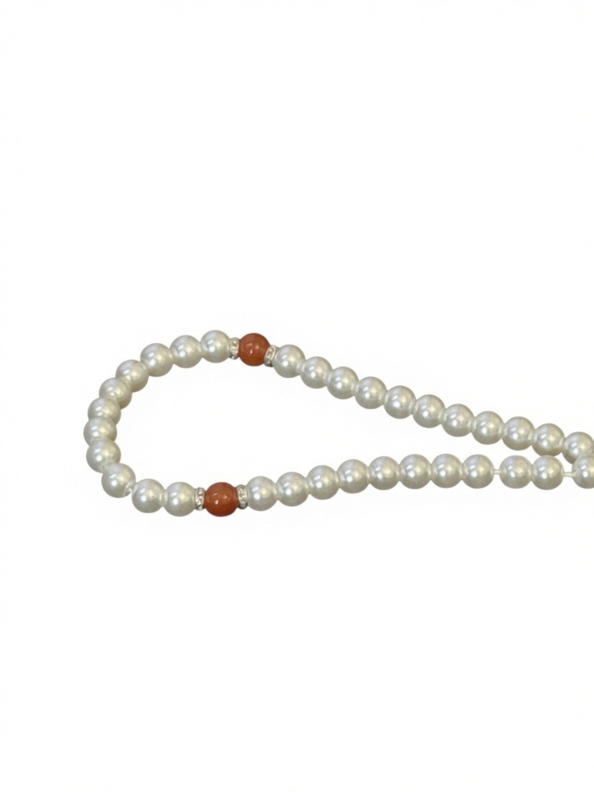 Elegant White Pearl & Carnelian Tasbih – Islamic Prayer Beads – Misbaha