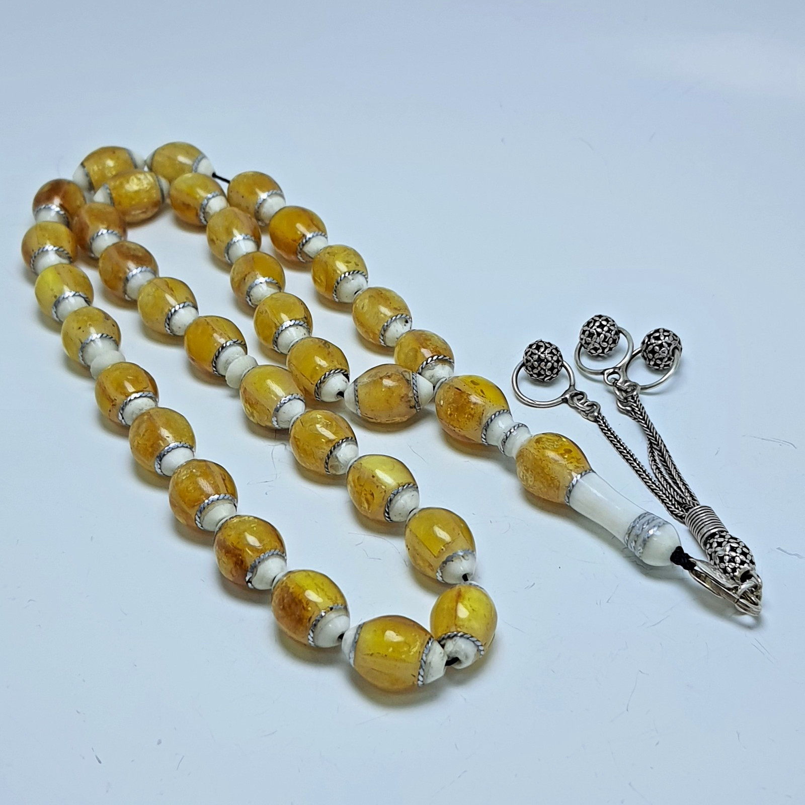 925 Silver Mastic Butterscotch Pressed Amber Style 33Tasbih-Misbaha Natural Bone