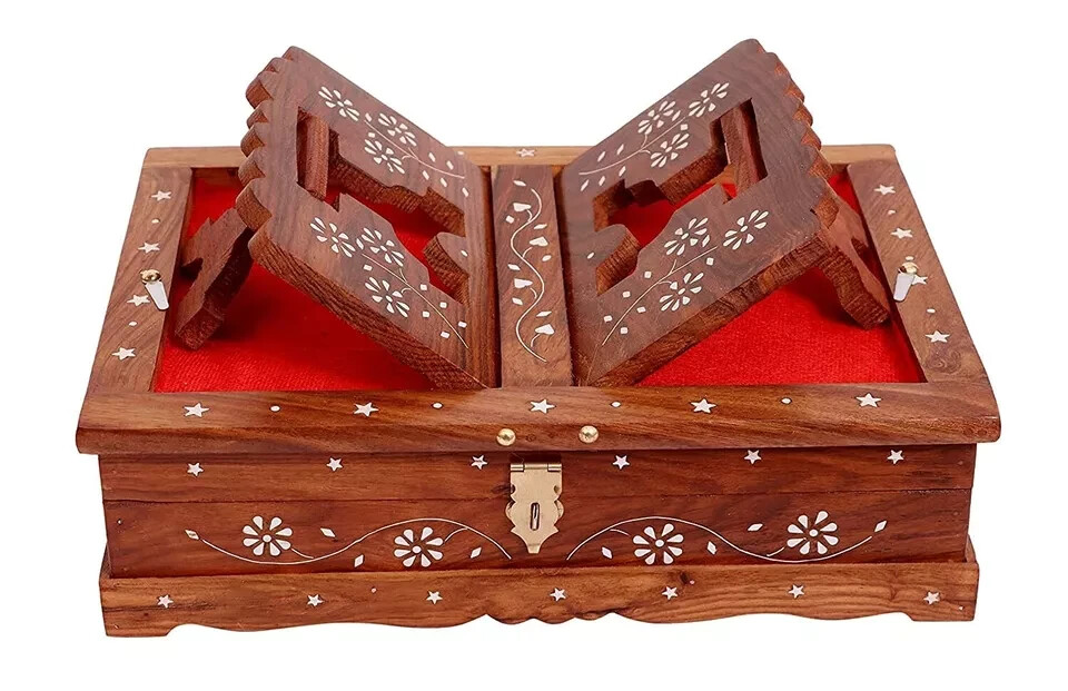 Wooden Decor Holy Book Stand Box for Reading Quran, Geeta, Guru Granth Sahib, US