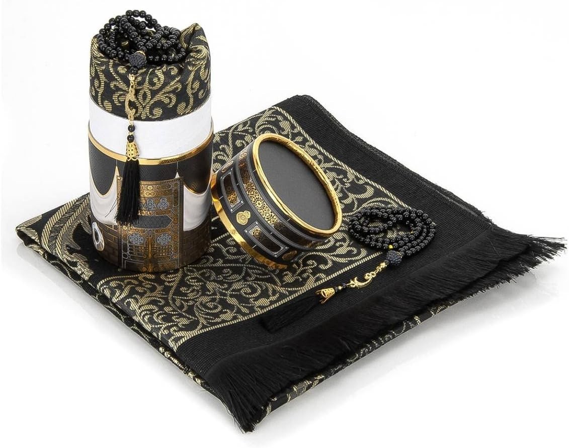 Muslim Prayer Rug and Prayer Beads with Elegant Design Cylinder Gift Box, Jan…