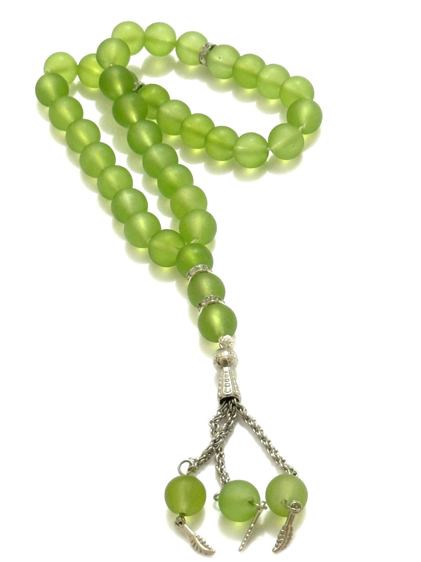 Green Islamic Prayer Beads Misbaha Tasbih with Silver Tone Accents
