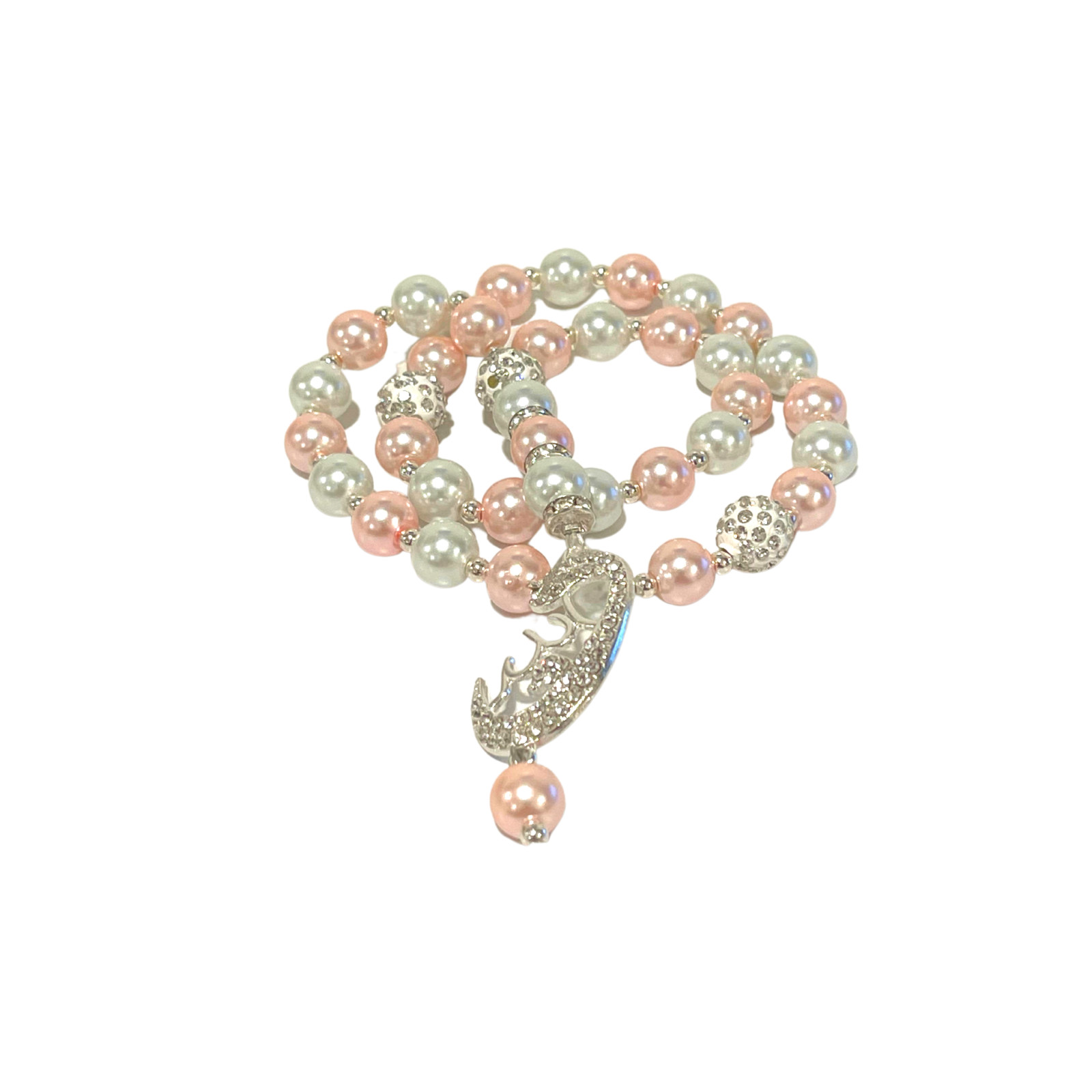 Pink and White Islamic Prayer Beads with Silver Plated Allah Pendant Tasbih