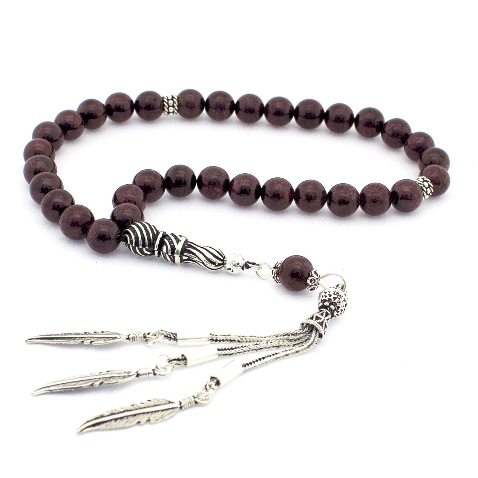 925 Sterling Silver Leaf Tassel Garnet Islamic 33 Prayer Beads Tasbeeh Misbaha