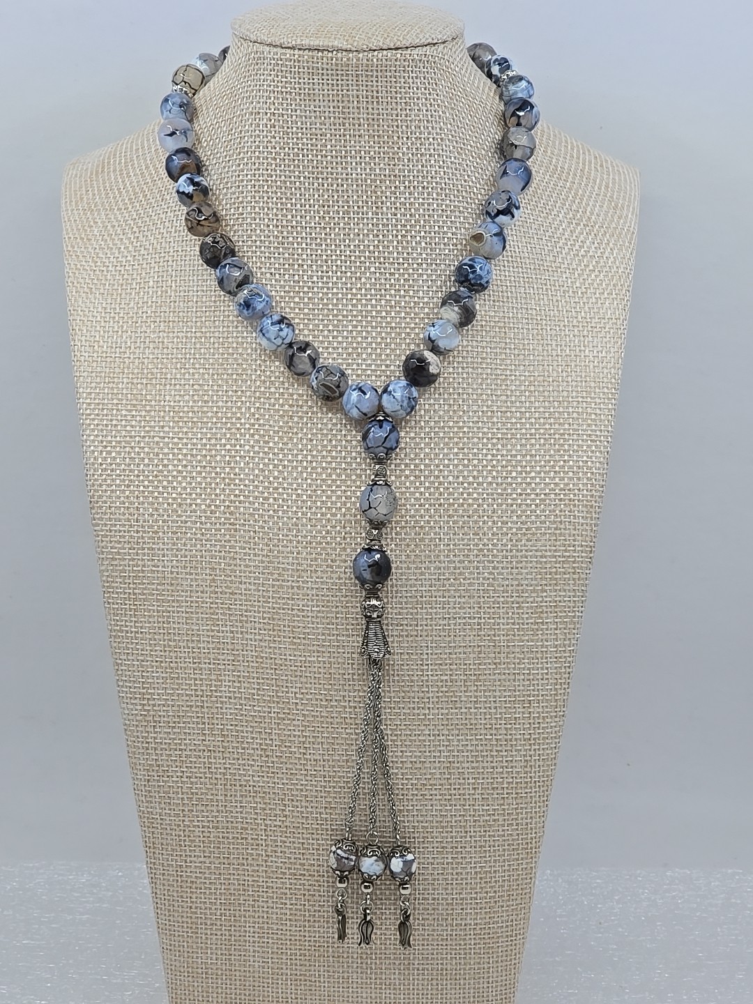 34-Bead Natural Aqeeq Stone Prayer Bead Tasbih Necklace Blue & Black Marbled