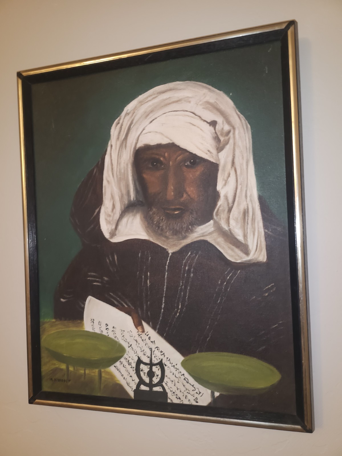 Vintage Islamic Art, Imam Portrait An Arresting Face, Oil Painting Framed Signed