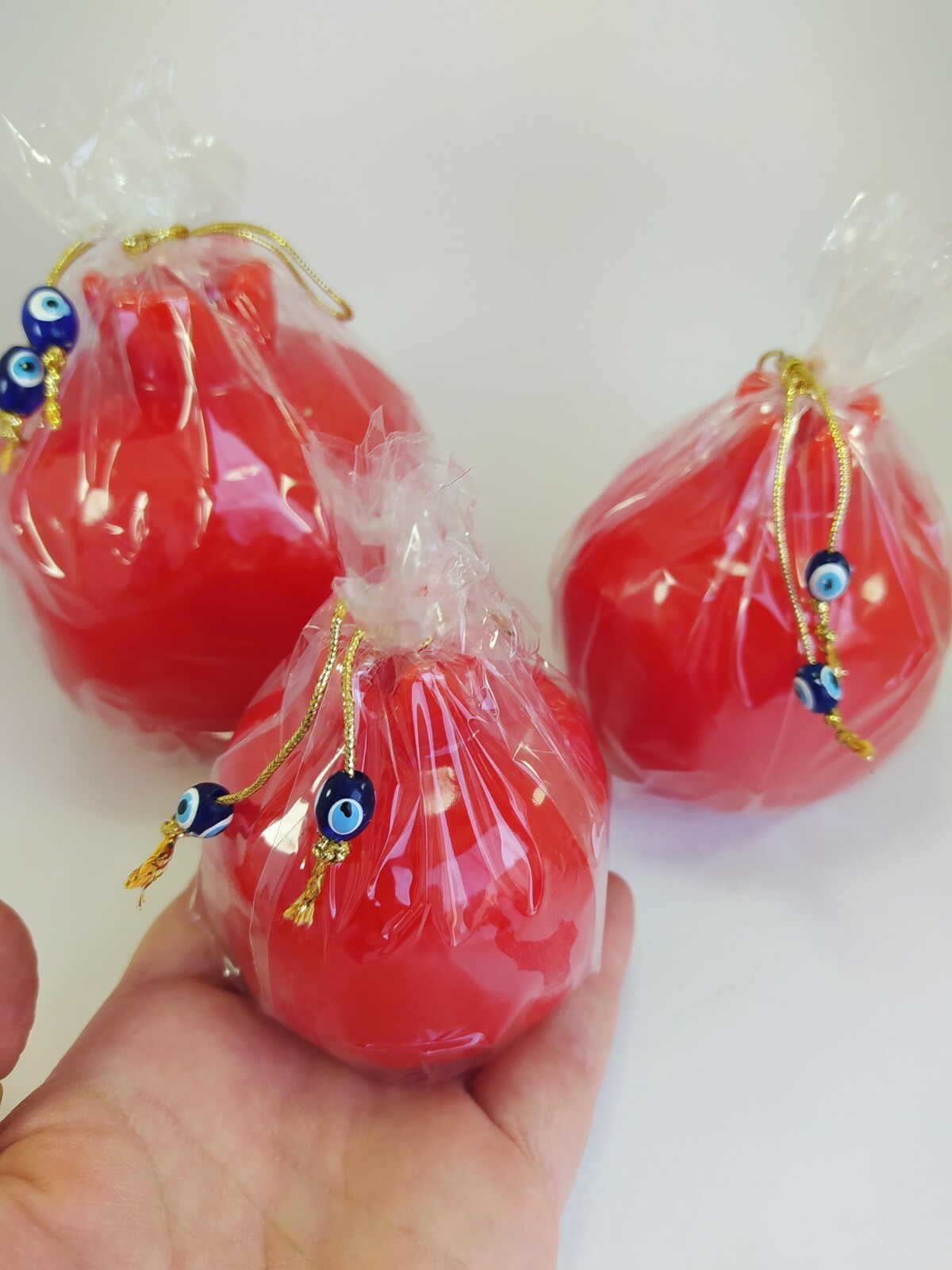 Red Pomegranates Candle Set of 3 with Evil Eye Beads 10-8-7 cm Turkish Nazar