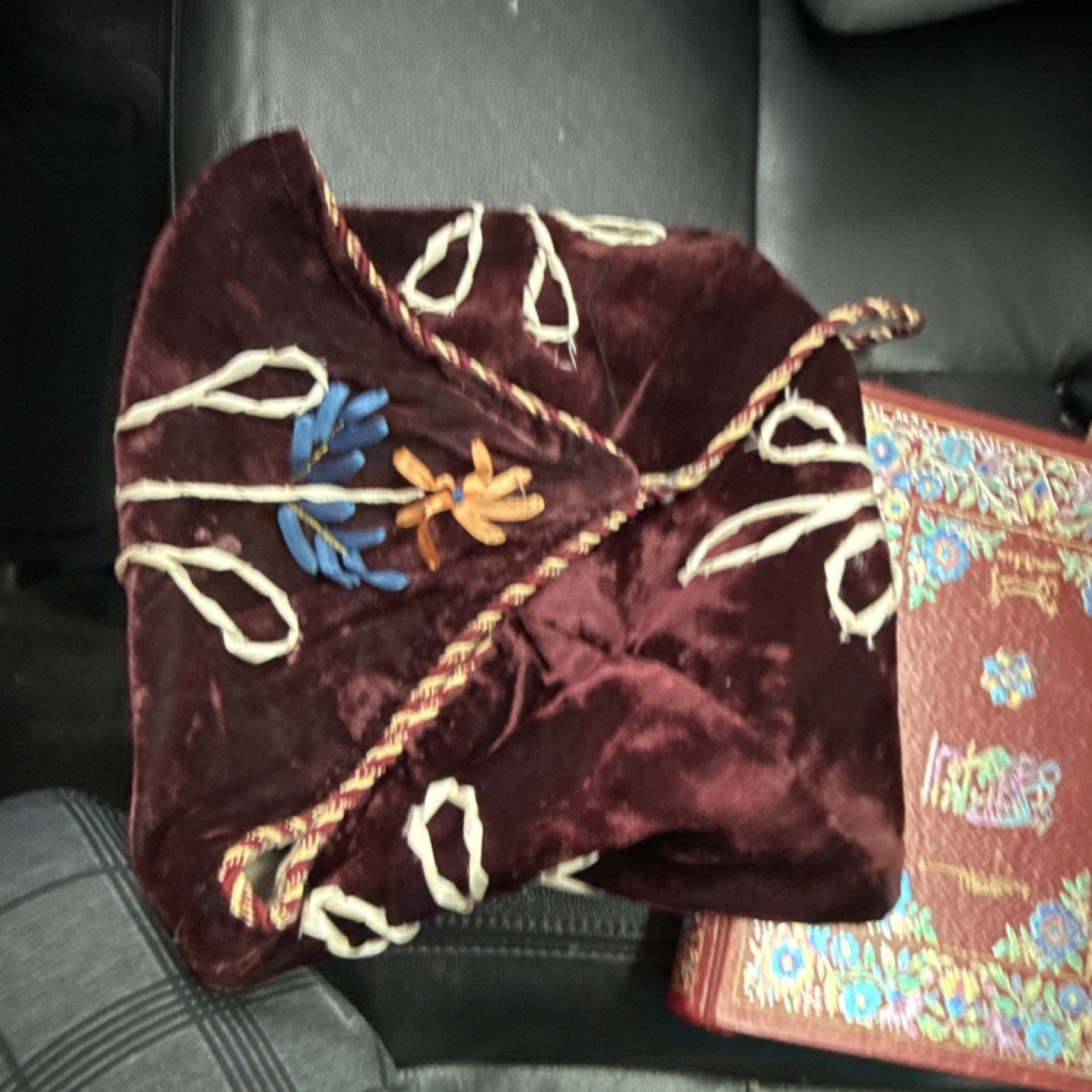 Handmade Islamic Book with Embroidered Cover, Arabic Script, Ornate Velvet Pouch